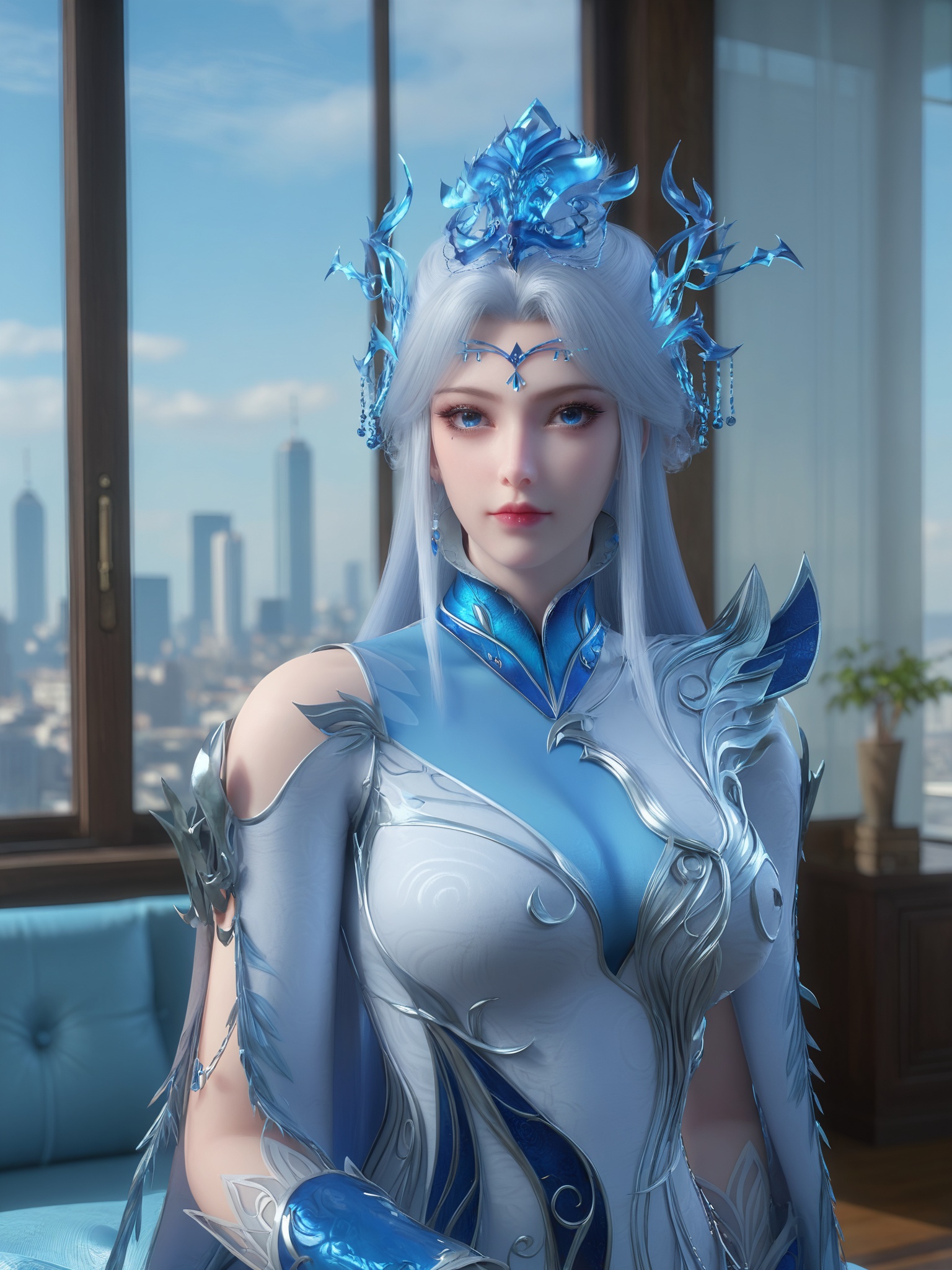 score_9_up,1girl,solo,sitting,window,frills,sky,cloud,indoors,cityscape,closed_mouth,sunset,looking at viewer, <lora:宁雨蝶-殿主_重置版Pony:0.7>,long silver hair,blue eyes,delicate, sparkling eyeshadow and mascara,a delicate,intricate headpiece,wears an intricately designed,armor-like dress in shades of white and blue,featuring intricate patterns and metallic accents that resemble frost or ice,