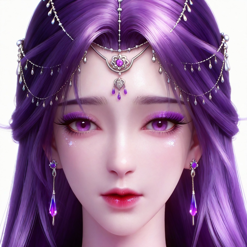 masterpiece,high quality,tall,game cg,highres,(soft light:1.2),white_skin,(shiny_skin:0.6),(realistic:1.1),glitter,<lora:云曦·衣服百搭款·化妆:0.8>,yunxi,1girl,solo,purple hair,purple eyes,white background,long hair,jewelry,earrings,hair ornament,portrait,looking at viewer,simple background,eyelashes,glitter,makeup,eyeshadow,purple eyeshadow,shiny eyeshadow,