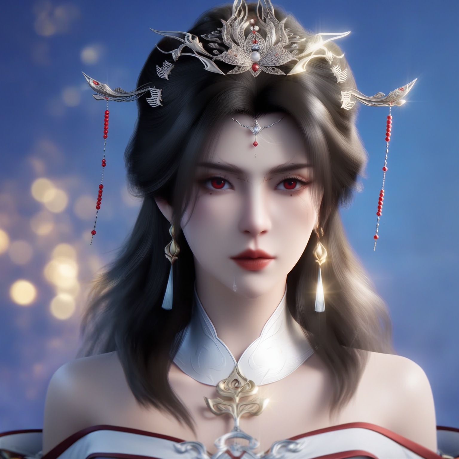 (score_9),collarbone,<lora:姚惜雪-Apony-000009:0.85>,long hair,black hair,hair ornament,hair beads,jewelry,forehead jewel,tassel earrings,light makeup,tiara,red eyes,detached collar,golden necklace,off-shoulder dress,BREAKsolo focus,front view,upper body,<lora:e肤色滑块:0.5>,(white_skin),(sweaty skin),(Ivory_skin),light_skin,very sweaty,BREAKwarm_lightting,rim light,Cinematic Lighting,lens flare,available light,depth of field,bokeh,<lora:SDS-XL泛光调节器_v1.0:1>,