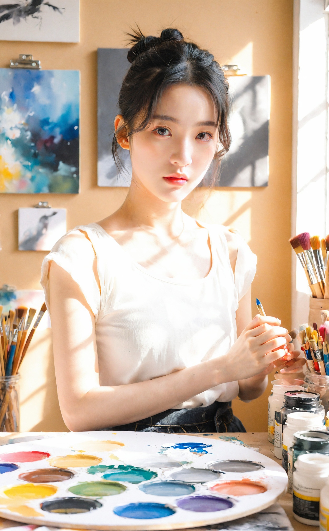 mugglelight, a portrait of a painter in a sunlit studio, surrounded by art supplies and canvases, natural light, creative ambiance, focused expression, artistic environment.korean girl,black hair,