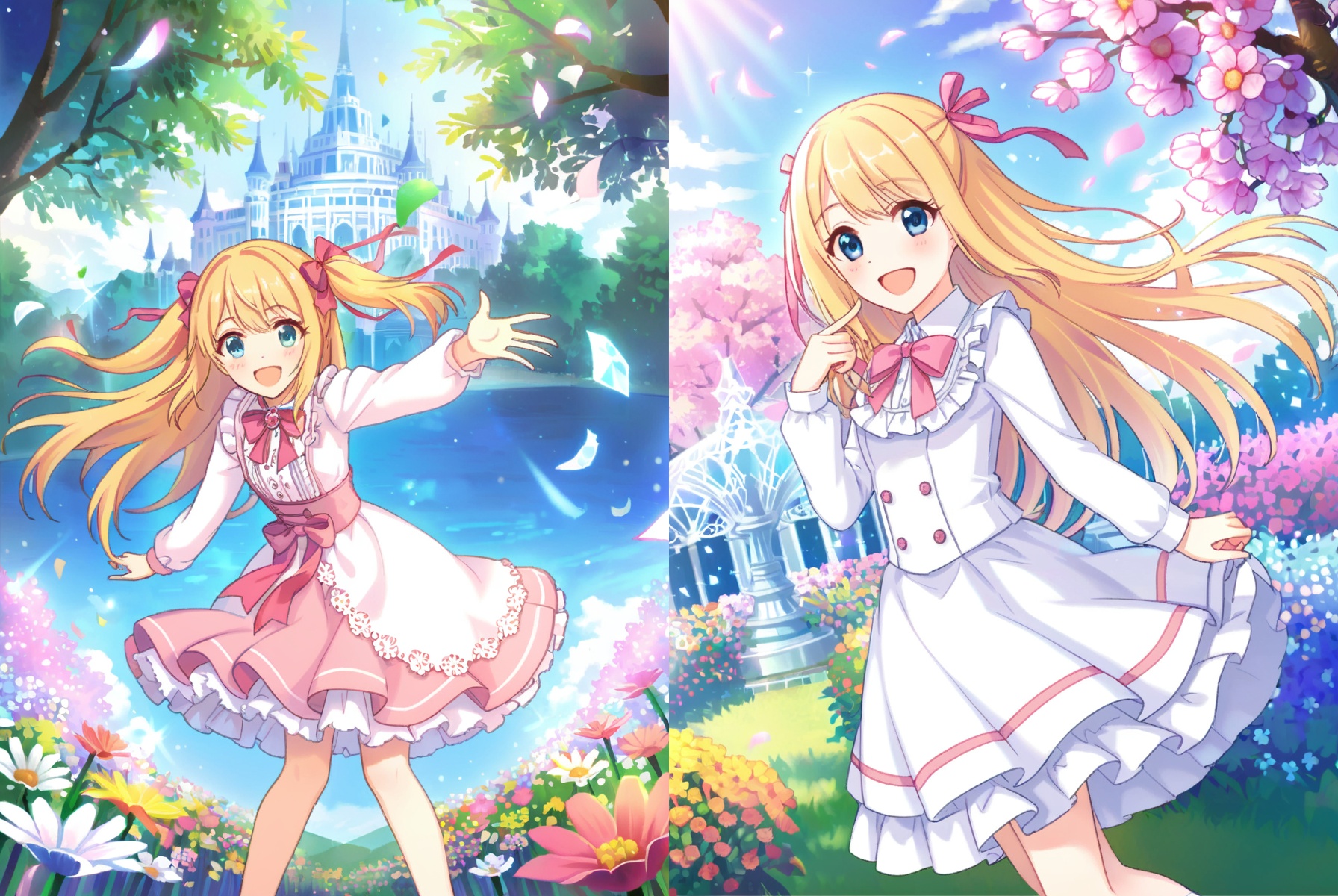 ((masterpiece)),(best quality),(beautiful detailed eyes),(ultra-detailed),(finely detail),(highres),two side up,detailed beautiful long blonde hair,pink ribbon,detailed beautiful blue eyes,white frilled dress,lace-trimmed,long sleeves,flower garden,wind,happy,laughing,confetti,petals,blue sky with clouds,(crystal trees:1.2),(detailed beautiful flowers:1),detailed beautiful background,<lora:pcr-xl-fp8-lokr-v2:0.8>,