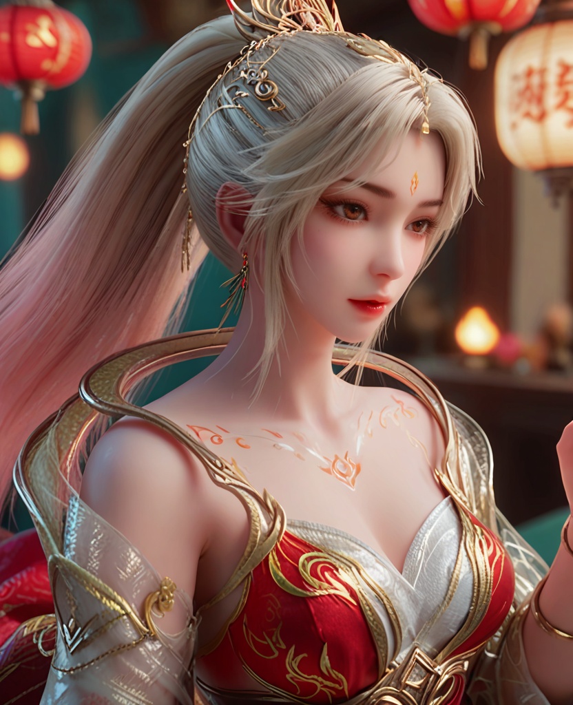 (oriental architecture, elegant decor, sophisticated style:1.1),resting on a diagonal,(breasts:1.2),<lora:XL完美世界剧版火灵儿浴火妆:0.95>,a silver haired girl,solo,red backless dress,silver gradient pink ponytail,collar,see-through shawl,earrings,forehead mark,see-through trim,clavicle tattoo,jewelry,hair ornament,, zPDXL2, score_9, score_8_up, score_7_up BREAK realistic, masterpiece,best quality, highly detailed,, zPDXL3, zPDXL2,zPDXL, zPDXLxxx, zPDXLrl,