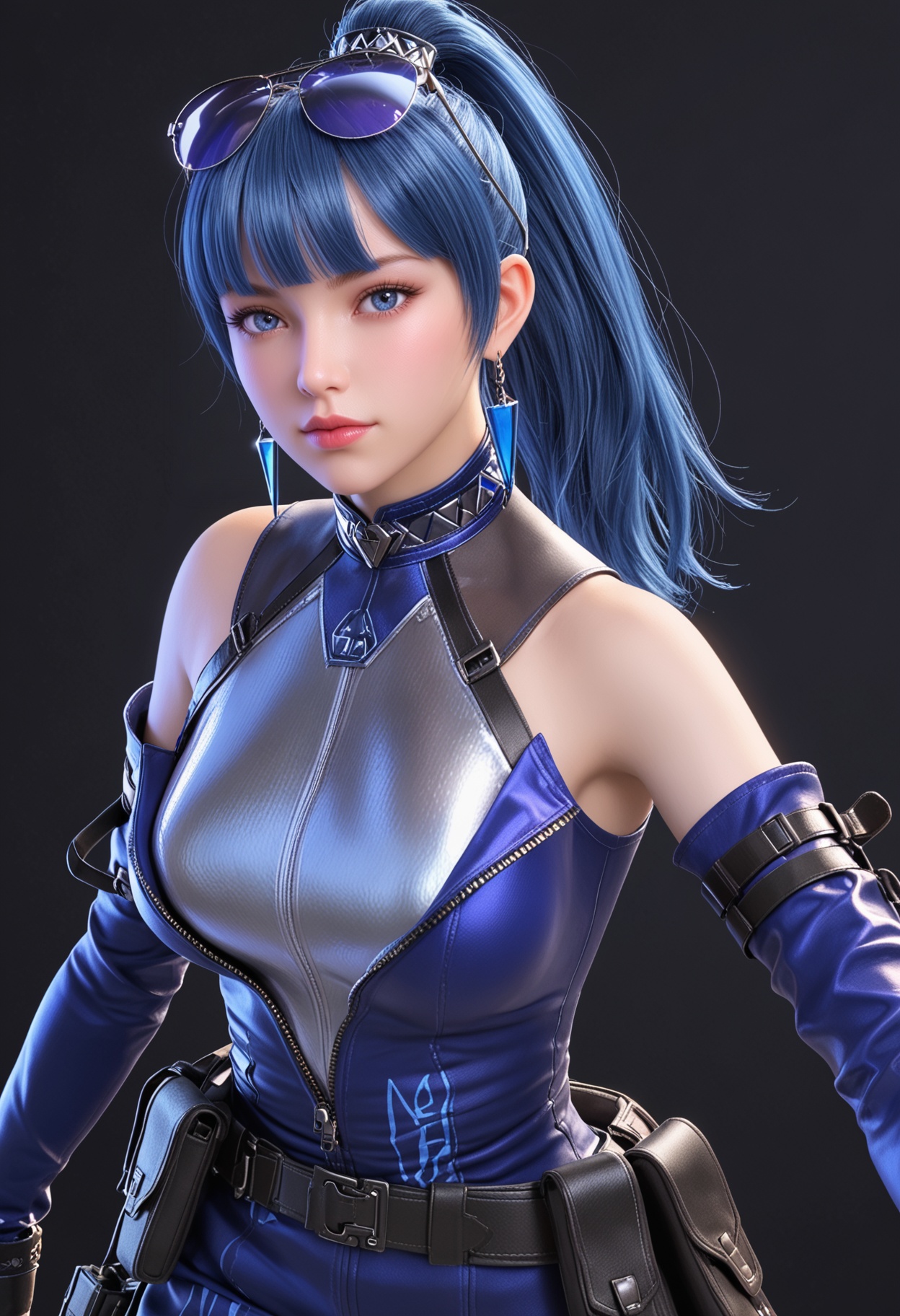 (upper_body:1.2),(looking at viewer:1.1),facing viewer,direct gaze,<lora:YQ_pony_wumengmeng_V4:0.8>,1girl,q1528437228,solo,blue hair,eyewear on head,earrings,gloves,jewelry,ponytail,detached sleeves,long hair,pantyhose,belt,dress,holster,blunt bangs,black hair,jacket,brown eyes,thigh holster,collar,sleeveless,blue eyes,skirt,blue dress,grey eyes,belt pouch,thigh strap,BREAK (simple background,pure black background,black background:1.1),perfect anatomy,