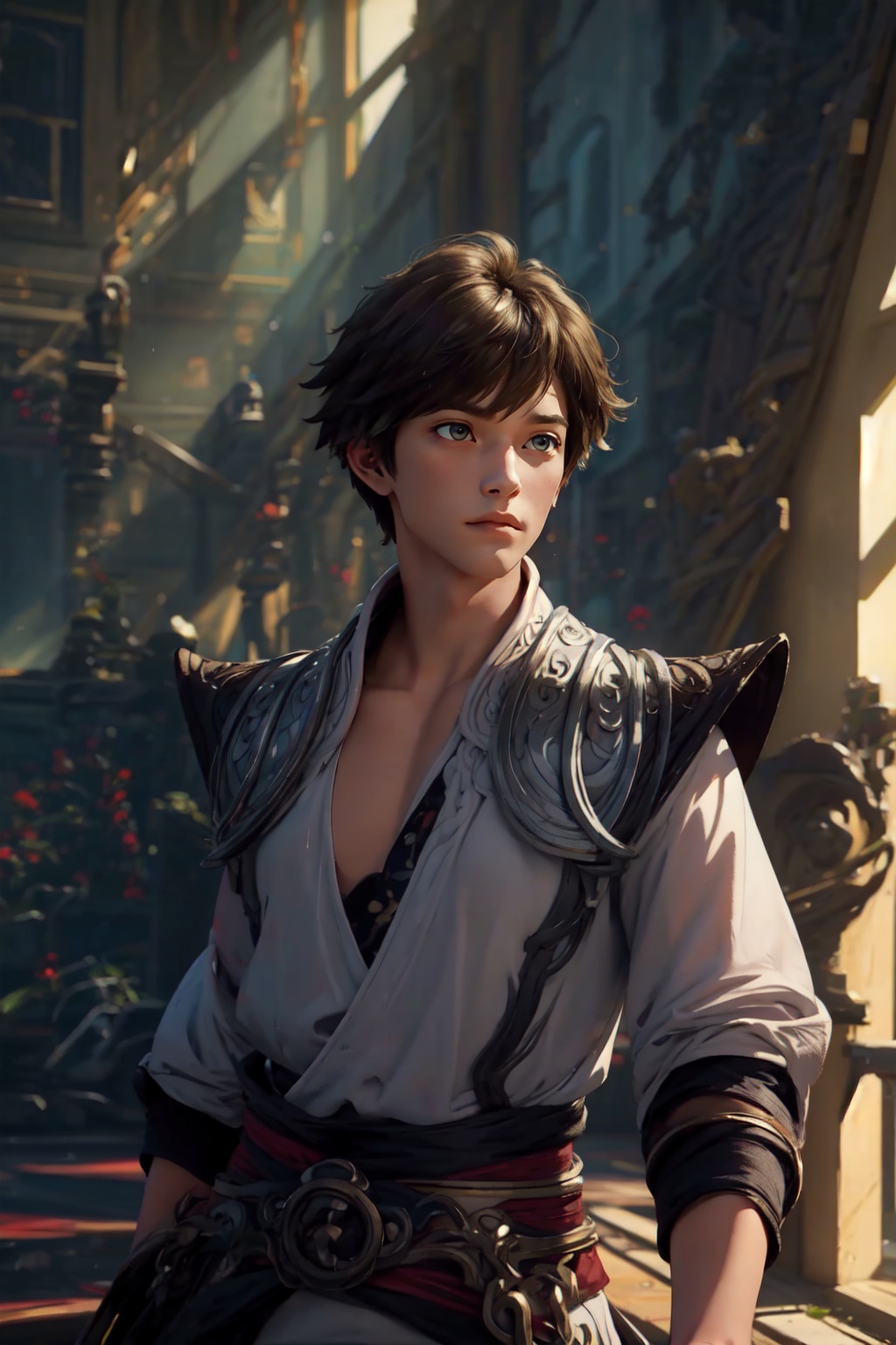 (Best quality),(Masterpiece),(high resolution),illustrated,original,very detailed wallpaper,<lora:李白000004:0.8>,1boy,male focus,solo,jewelry,upper body,looking at the audience,window,indoors,dating,