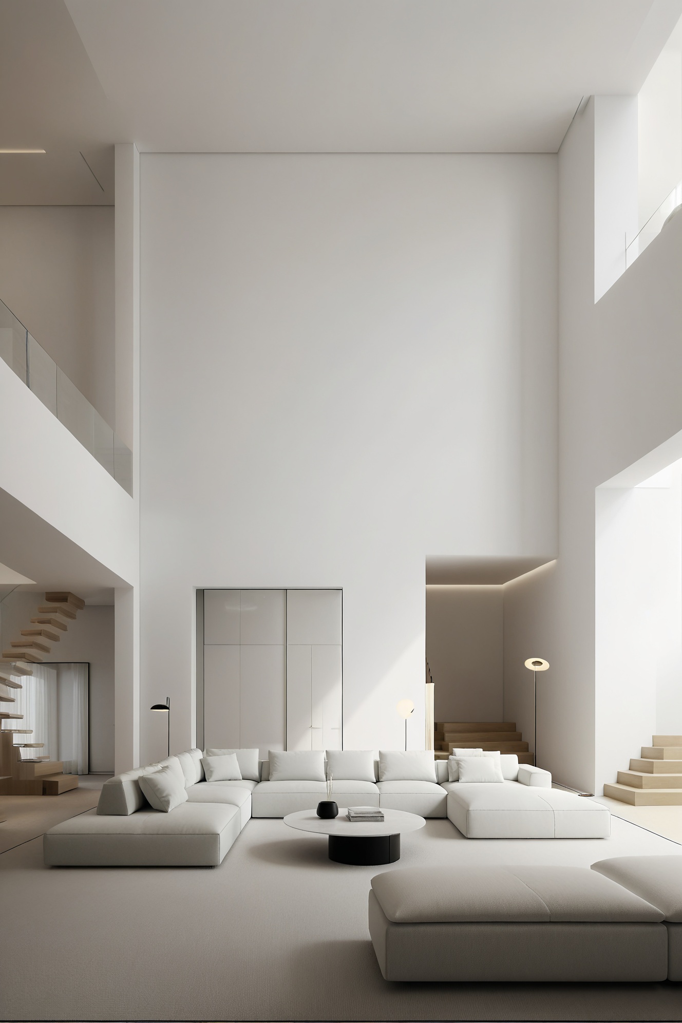 minimalist,luxury decoration,livingroom,sofa,carpet,floor lamp,duplex building,double-storey building,hollow livingroom,vertical composition,8K,high-definition,high quality,high resolution,details,realism,masterpieces,realism,masterpieces,