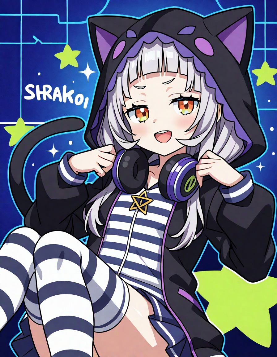 1girl, murasaki shion, virtual youtuber, headphones around neck, solo, headphones, hood, cat hood, tail, animal hood, hood up, thighhighs, grey hair, looking at viewer, open mouth, cat tail, smile, jacket, long hair, skirt, sitting, long sleeves, star \(symbol\), orange eyes, striped clothes, official alternate costume, hoodie, white thighhighs