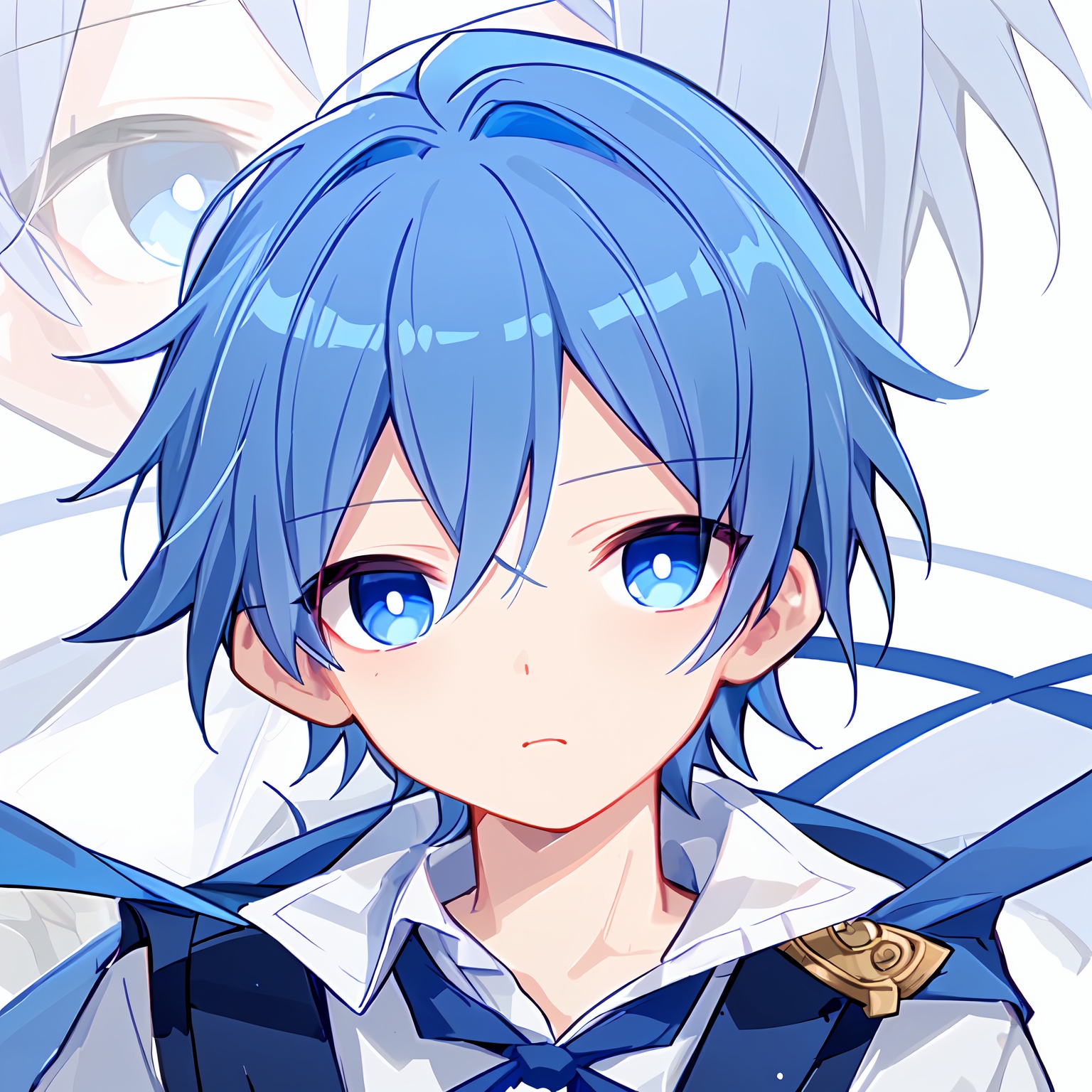 <lora:QuAn:0.6>,close-up,face focus,1boy,solo,blue eyes,blue hair,portrait,shirt,zoom layer,ribbon,simple background,