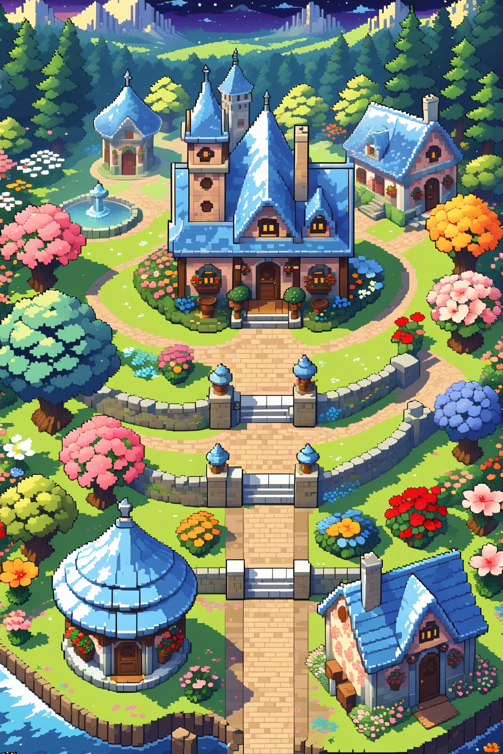 A vibrant, enchanted garden with a variety of magical flora glowing under the moonlight, with a quaint stone cottage in the background., illustration, 3d, cartoon,high resolution, high quality, detailed, masterpiece, hdr, sharp,[Pixel Art style],[ abbe bi style], amazing, beautiful, breathtaking, astonishing, brilliant, incredible<lora:EMS-263250-EMS:0.700000>, <lora:EMS-334740-EMS:0.800000>， <lora:lora:0.9>
