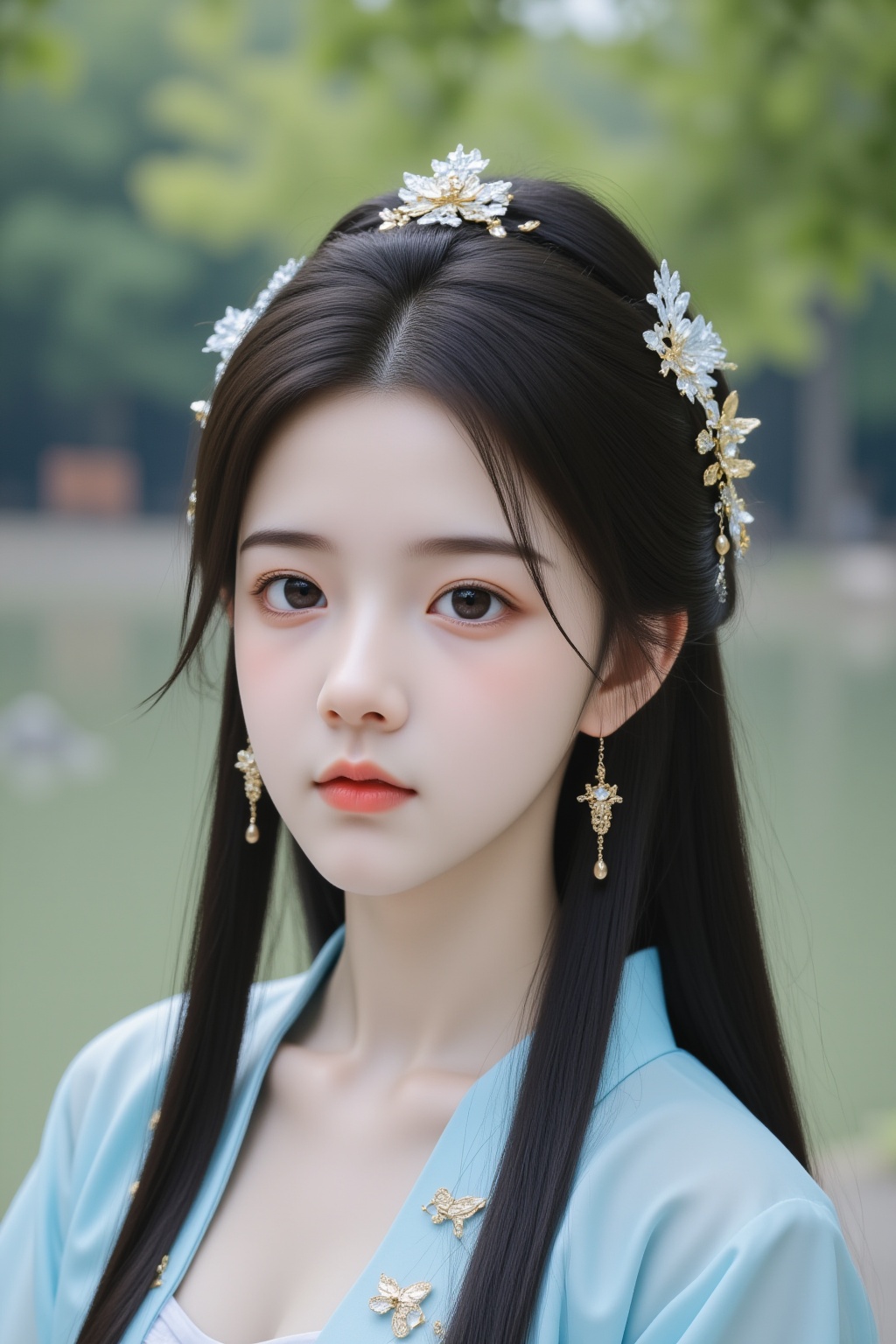 cinematic photo 1girl, teenage, jewelry, long hair, earrings, solo, closed mouth, black hair, brown eyes, looking at viewer, blue chinese clothes, outdoors, river