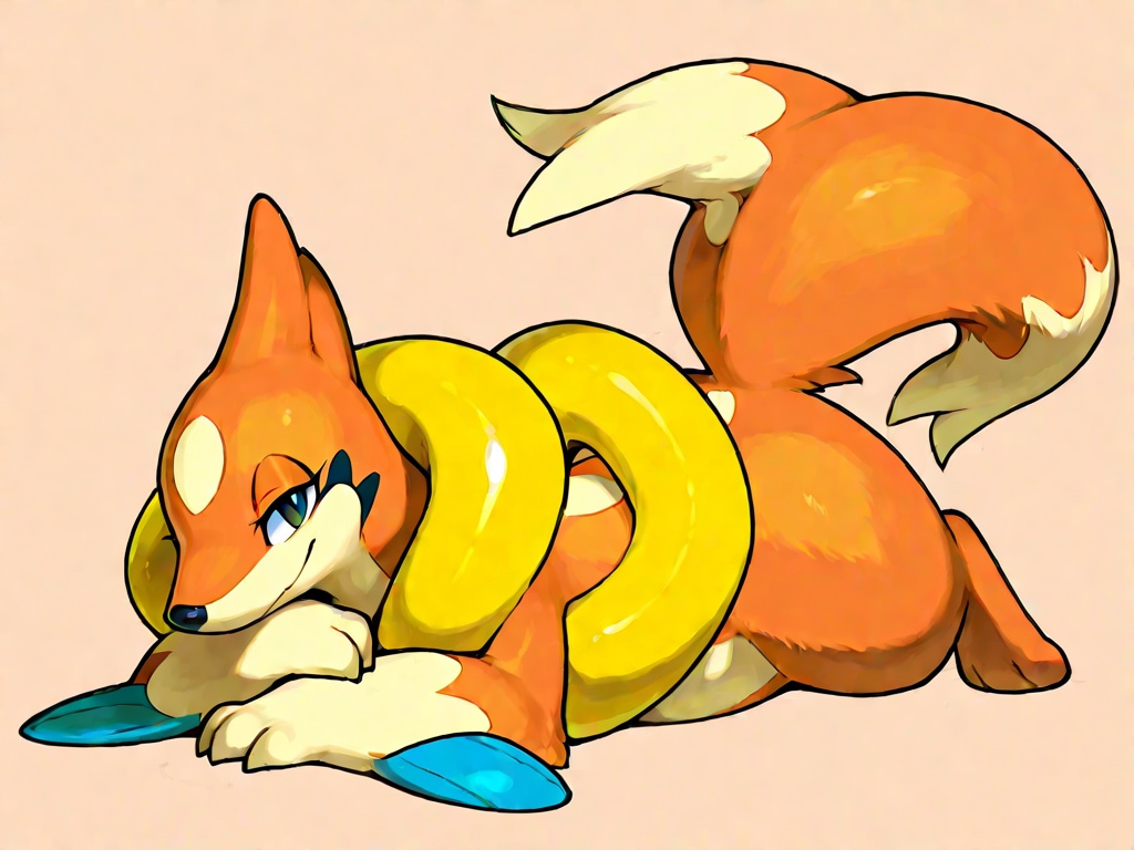 Masterpiece,Best Quality,floatzel,full body,feral,solo,no humans,pokemon \(creature\),seductive,extreme details,orange fur,2 tail,blue fin,<lora:floatzel  XL-000008:0.8>,simple background,happy,on_stomach,