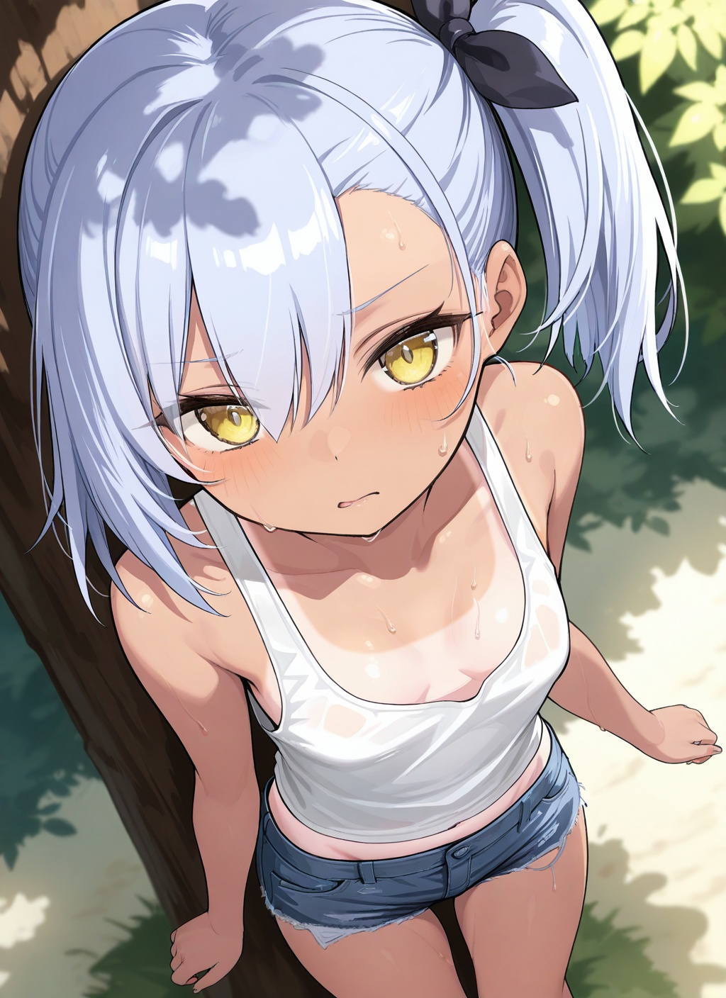 <lora:oceana_IL_v1.0:1>,oceana \(azur lane\),yellow eyes,side ponytail,tanlines,tan,**** top,denim shorts, under the tree,sweat,from above,, masterpiece,best quality,