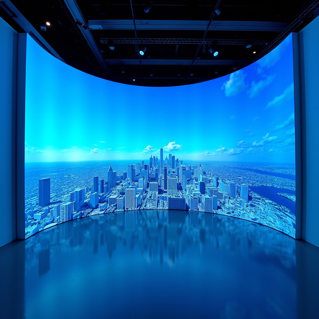 there is a large blue display with a model of a city in it,led display,giant led screens,3dexcite,led displays,bright blue future,transparent building,global lighting,exhibition display,digital displays,corporate holograms,transparent glass surfaces,large led screens,huge glass structure,exhibition hall lighting,sony 14mm f2.8,qled,sigma 1 0 - 2 0 mm,large commercial led screens,technological longcoat,huge viewscreen at front,zeiss 14mm f1.8,giant hall,autodesk blueprint,megastructure background,zeiss 18mm f2.8,futuristic hall,wide angle exterior 2022,led screens,zeiss 24mm f2.8,promotional still wide angle,dynamic blue sky,photograph of 3d ios room,
