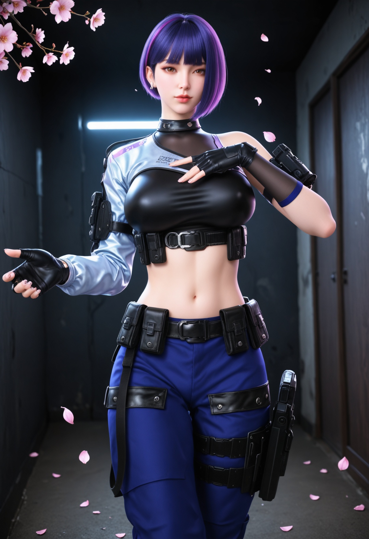 (cowboy shot:1.2),(gigantic breasts:0.6),Perky boobs,(looking at viewer:1.1),facing viewer,direct gaze,(masterpiece:1.1),(best quality:1.2),(intricate details),(smog:1.3),(Dark room:1.3),(dim lighting:1.3),peach blossom,falling petals,<lora:YQ_Illustrious光辉v5_雨墨_V1:0.8>,1girl,q1528437228,solo,short hair,purple hair,crop top,gloves,pants,belt,boots,holster,blunt bangs,police uniform,multicolored hair,jewelry,earrings,belt pouch,brown eyes,knee pads,thigh holster,masterpiece,(best quality),(intricate details:0.9) BREAK (intricate details:0.9),(realistic skin:1.2),masterpiece,best quality,newest,absurdres,hiahres,
