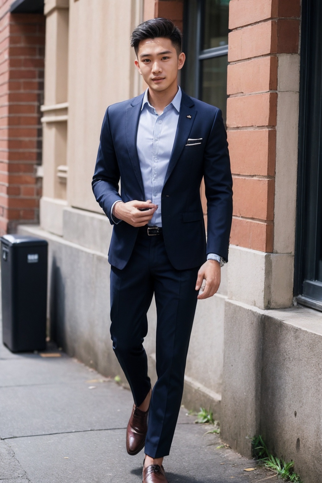 (1man:1.4),(male:1.2),(full body:1.2),(Collared shirt and blazer and suit trousers:1.4),<lora:AsianMan_5:0.8>,
