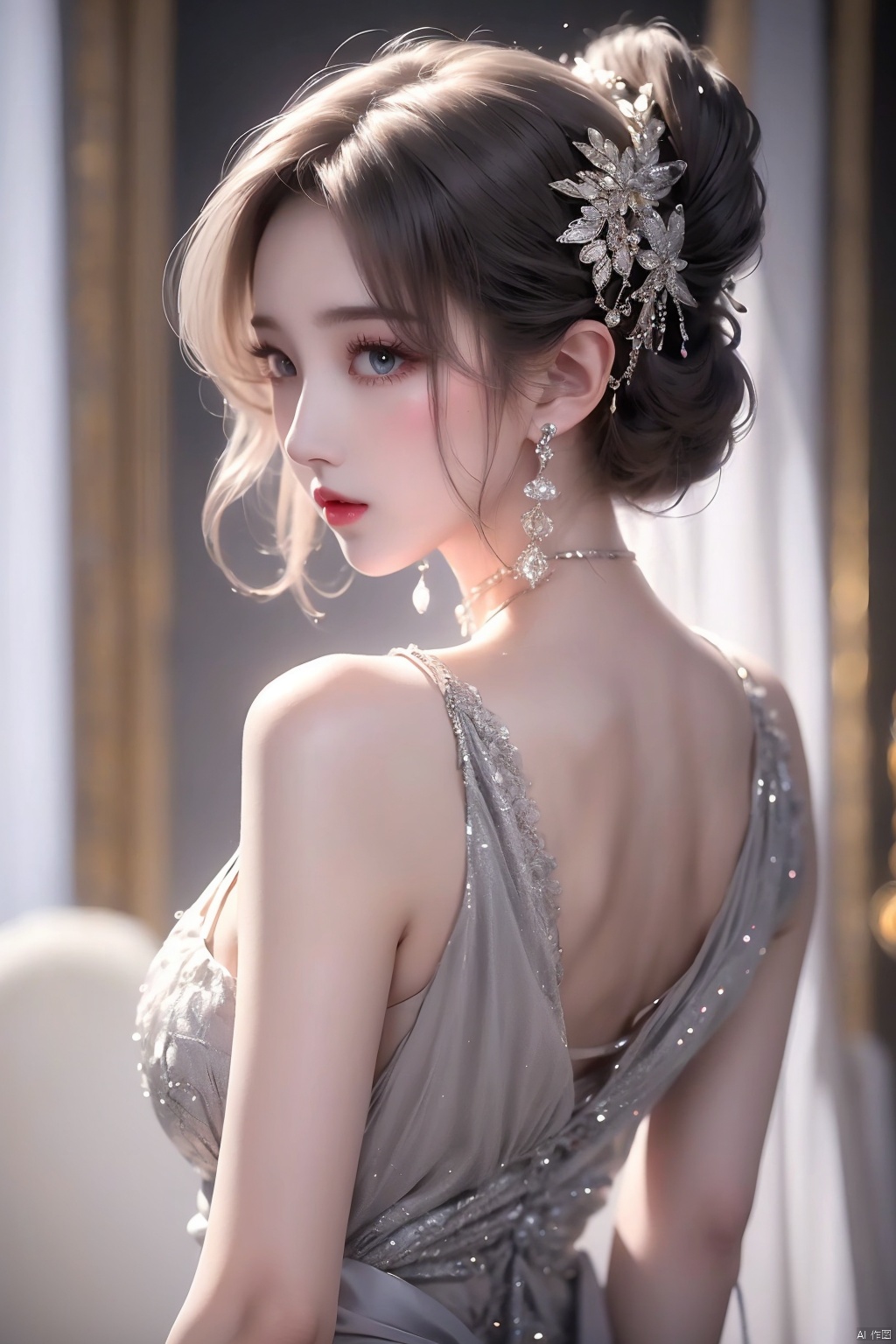 At night, the moon, moonlight, stars, twinkling radiance, jewelry shimmering,,1girl ￼ solo ￼ hair ornament ￼ dress ￼ bare shoulders ￼ jewelry ￼ closed mouth ￼ upper body ￼ grey hair ￼ earrings ￼ looking back ￼ necklace ￼ from behind ￼ blurry ￼ lips ￼ grey eyes ￼ feathers ￼ realistic ￼ ￼<lora:EMS-367824-EMS:0.600000>, <lora:EMS-318506-EMS:0.600000>