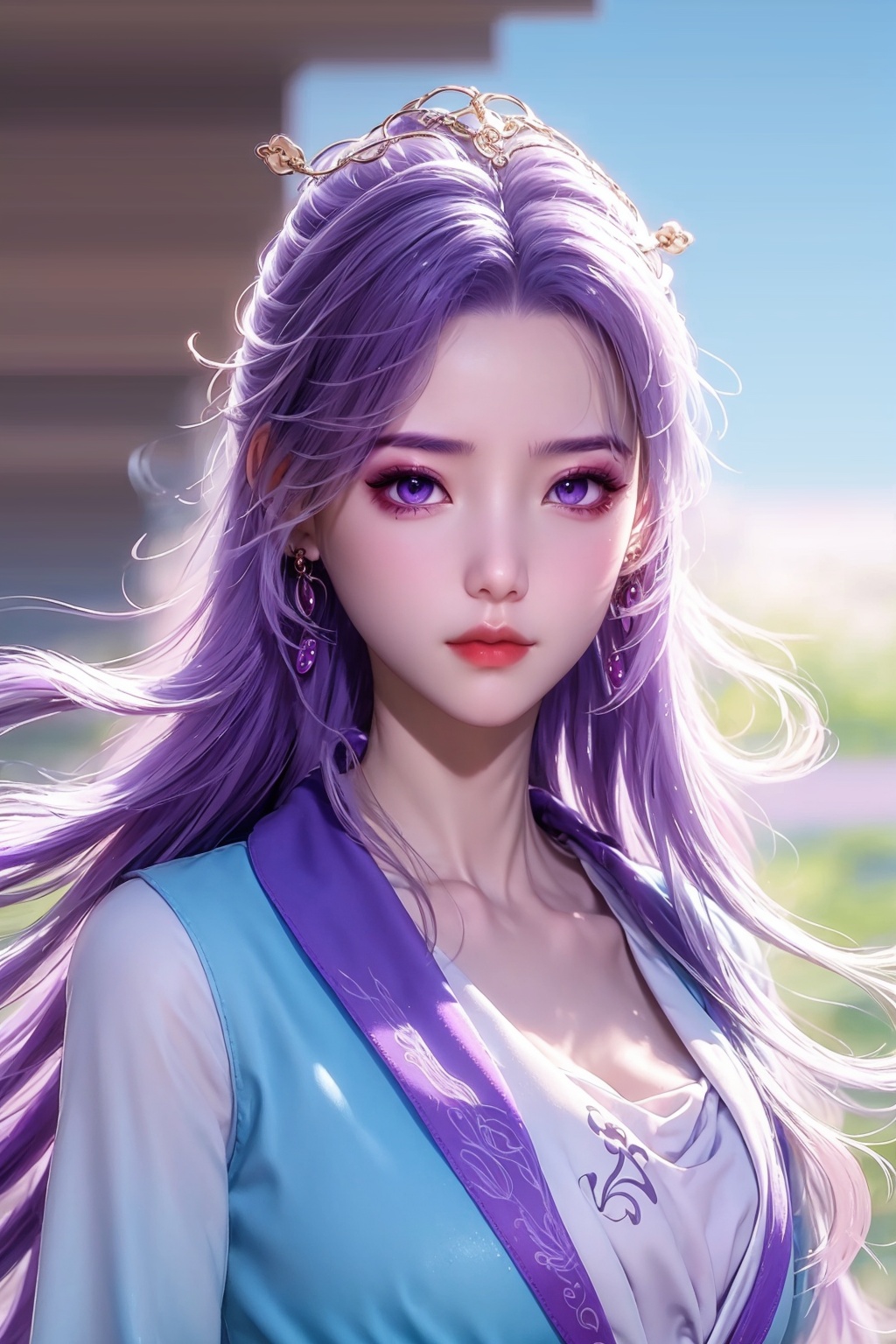 1girl, jewelry, earrings, long hair, solo, purple hair, purple eyes, upper body, closed mouth, blue sky, sky, chinese clothes, blurry,<lora:SD1.5自用云霄>,