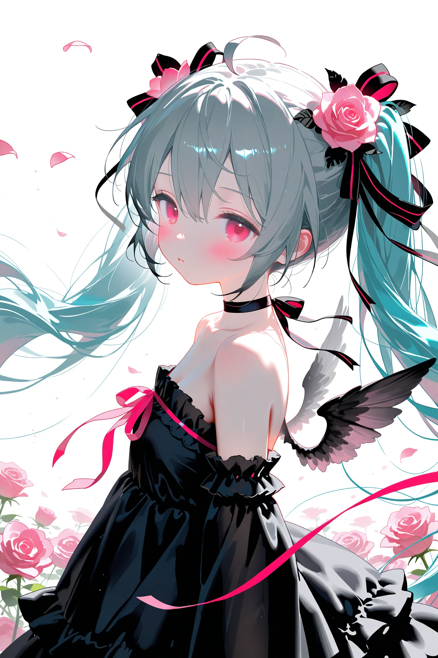 acid,loli,1girl, solo, long hair, hair ornament, flower, twintails, dress, hair flower, ribbon, black dress, looking at viewer, hair ribbon, red eyes, grey hair, white background, bare shoulders, very long hair, detached sleeves, choker, hair between eyes, petals, pink flower, strapless dress, strapless, from side, simple background, upper body, rose, breasts, wings, red ribbon, ahoge, floating hair, pink eyes, small breasts, frills, collarbone, parted lips, looking to the side, hatsune miku, ribbon choker, pink rose, black ribbon, standing, closed mouth, pink ribbon, black choker, bow, frilled dress