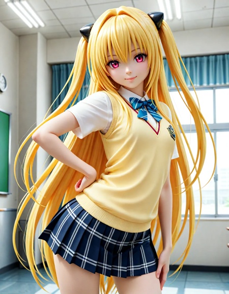 <lora:dmd2_sdxl_4step:1>,1girl,official style,masterpiece,best quality,newest,very aesthetic,highly detailed,high resolution,absurdres,highres,depth of field,super detailed skin,very awa,posing,serafall leviathan,yellow vest,pleated_skirt,school_uniform,konjiki no yami,smile,