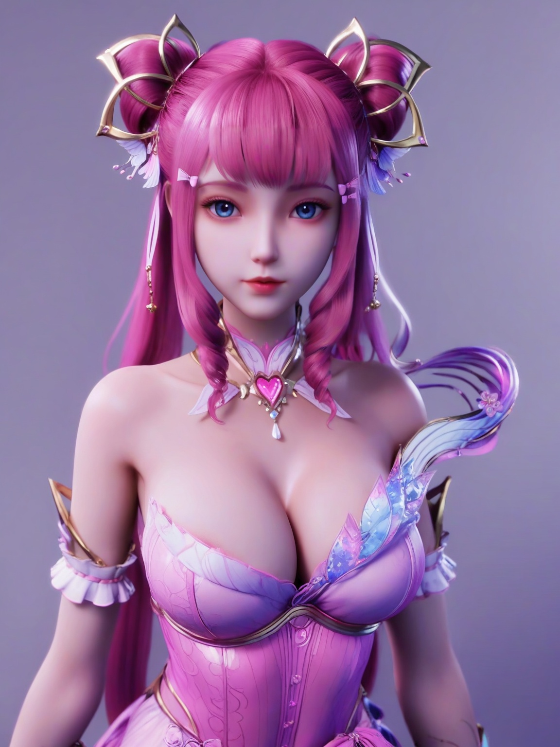 score_9,<lora:SF_ChenYingErSecondClothes_Pony_Realism2.3-000004:0.7>,hair ornament,pink dress,1girl,breasts,large breasts,standing,solo,upper body, looking at viewer,simple background,