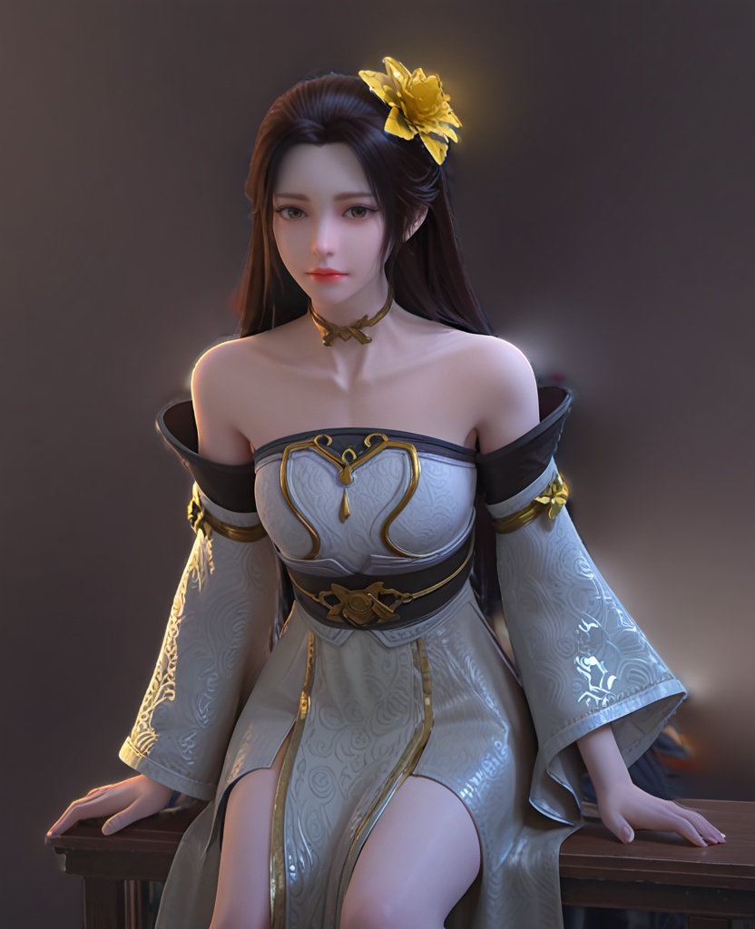 (oriental architecture, elegant decor, sophisticated style:1.1),Sitting on a stool, leaning forward with elbows on knees,,(breasts:1.2),<lora:XL完美世界十六公主:0.95>,princess sixteen,solo,strapless dress,detached sleeves,wide sleeves,brown eyes,black hair,long hair,yellow hair flower,yellow heart choker,bare shoulders,sidelocks,lips,sash,white overskirt,pelvic curtain,, zPDXL2, score_9, score_8_up, score_7_up BREAK realistic, masterpiece,best quality, highly detailed,, zPDXL3, zPDXL2,zPDXL, zPDXLxxx, zPDXLrl,