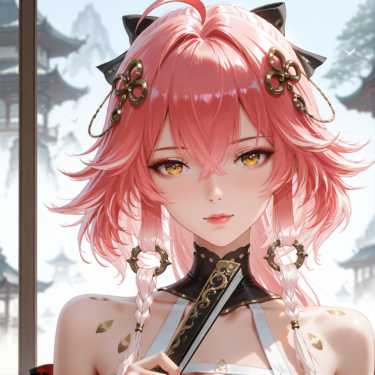 (wlop:0.6),best quality,very aesthetic,pink lips,thin lips,sexy,folding_fan,fan,holding fan,holding,holding fan,solo,open folding fan,the fan blocks half of the face,upper body,<lora:长离长离:1>,changli,1 woman,yujie,long hair,bangs,hair ornament,hair between eyes,yellow eyes,pink hair,ahoge,red hair,