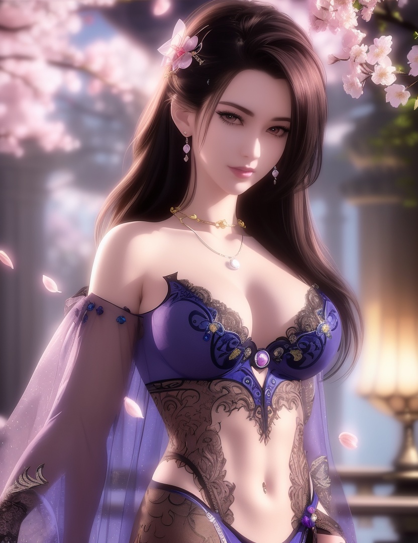 ultra realistic 8k cg, picture-perfect face, flawless, clean, masterpiece, professional artwork, famous artwork, cinematic lighting, cinematic bloom, perfect face, beautiful face, fantasy, dreamlike, unreal, science fiction,  beautiful clothes, lace, lace trim, lace-trimmed legwear,  (rich:1.4), prestige, luxury, jewelry, diamond, gold, pearl, gem, sapphire, ruby, emerald, intricate detail, delicate pattern, charming, alluring, seductive, erotic, enchanting, hair ornament, necklace, earrings, bracelet, armlet,halo((,1girl, pov,))(((,cherry blossoms, 1girl, solo, petals,looking at viewer, large breasts, hair flower, flower, outdoors, ))) <lora:DA_CaoNvYao:0.6> 