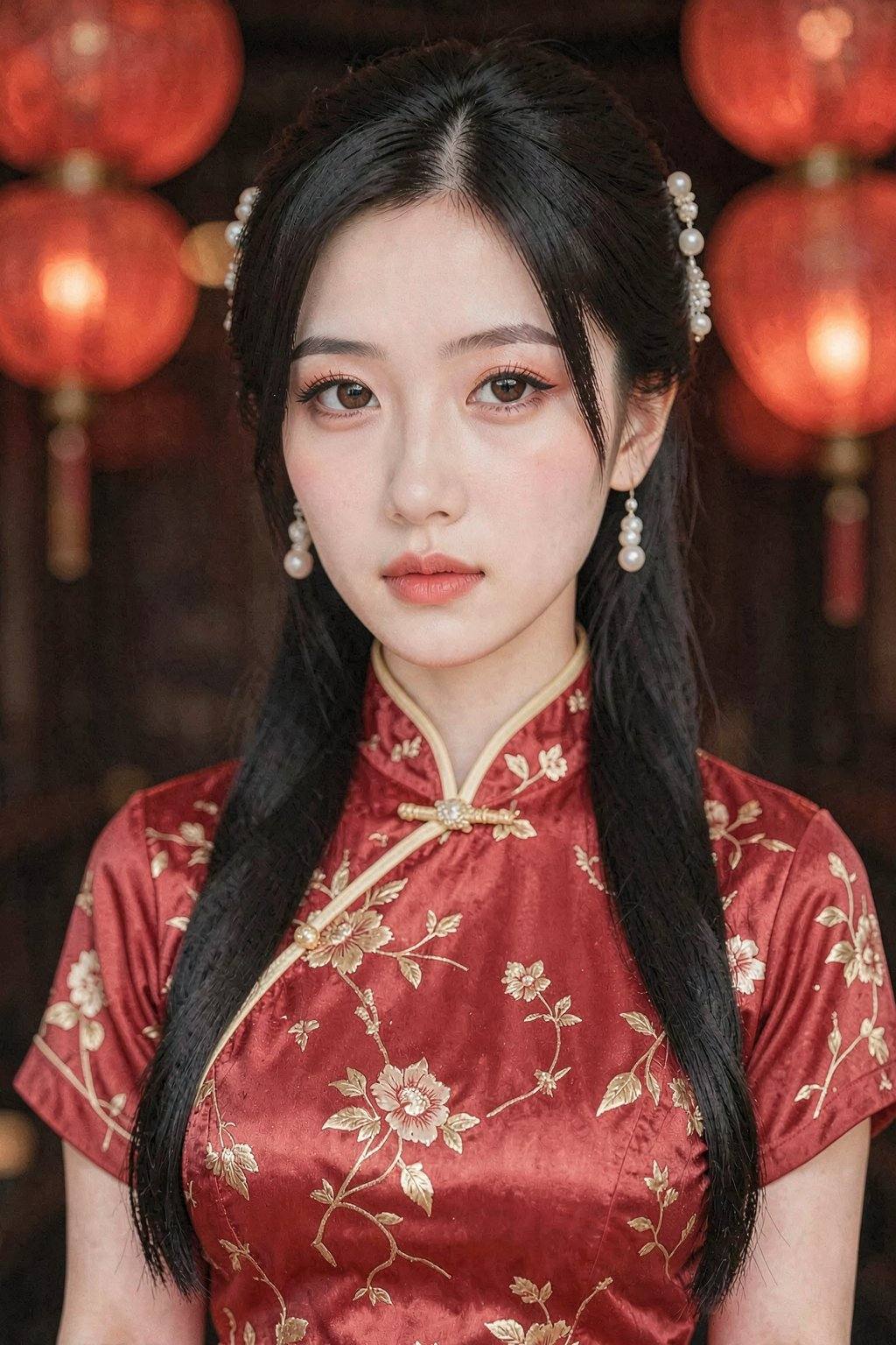 A photograph of an East Asian woman with fair skin and delicate features, wearing a traditional red Chinese cheongsam adorned with gold floral patterns. Her long, dark hair is styled in a loose braid with pearl hairpins. She has a serene expression with subtle makeup emphasizing her large, almond-shaped eyes. The background features red lanterns and soft, warm lighting, enhancing the festive atmosphere.