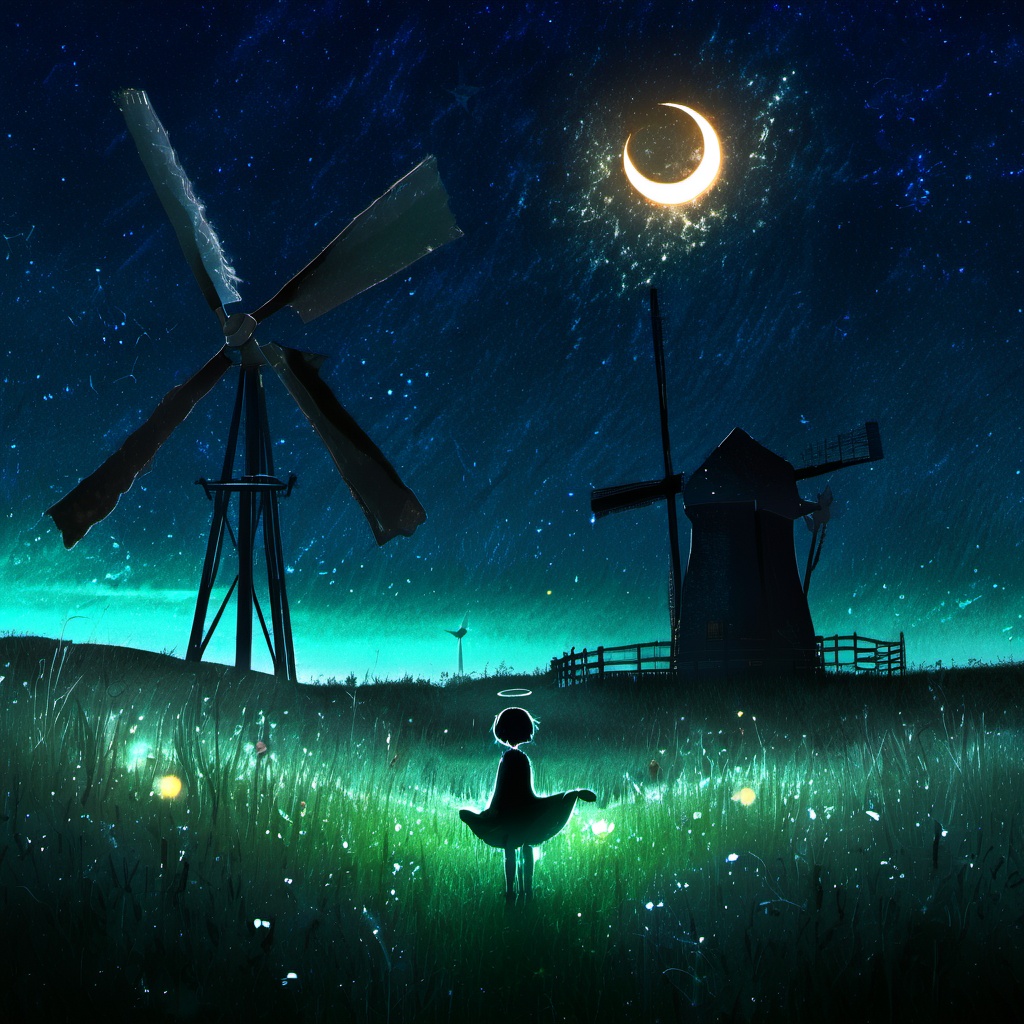<lora:star_xl_v2:1>,a person standing in a field of grass under a dark sky with a moon in the background and a windmill in the distance, 1girl, solo, short hair, flower, outdoors, sky, night, halo, moon, grass, star \(sky\), night sky, scenery, starry sky, dark, from behind, tree, glowing, angel, crescent moon, The image portrays a mesmerizing nighttime landscape. Dominating the scene is a vast, starry sky filled with countless stars and a radiant celestial body, possibly a moon or planet, casting a glow. The ground is covered in a luminescent, glowing grass that seems to be swaying in the wind. To the right, there's an old windmill, its sails and blades silhouetted against the cosmic backdrop. In the foreground, a lone figure, possibly a child, stands amidst the grass, gazing up at the celestial display. The overall ambiance of the image is ethereal and dreamlike, evoking feelings of wonder and contemplation., mesmerizing nighttime landscape, vast starry sky, radiant celestial body, luminescent grass, old windmill, sails, blades, child, ethereal dreamlike ambiance