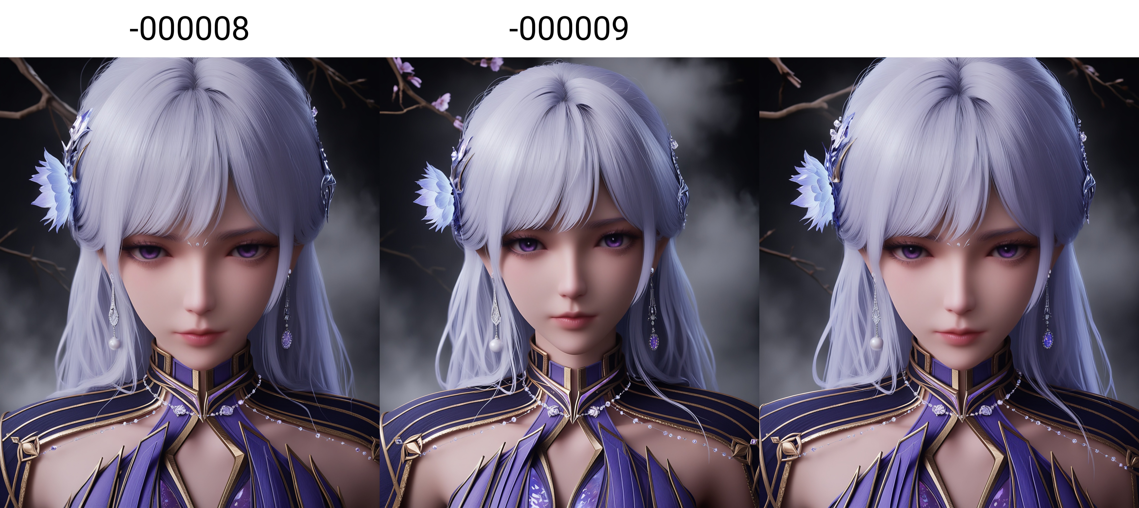 (score_9),masterpiece,best quality,absurdres,highres,(white_skin),light_skin,BREAKcollarbone,<lora:彩儿-ill-000008:0.83>,caier,1girl,solo,long hair,hair ornament,jewelry,earrings,hair flower,purple eyes,white hair,looking at viewer,front view,upper body, BREAKsimple background,black background,Tyndall effect,fog,branch,twig,