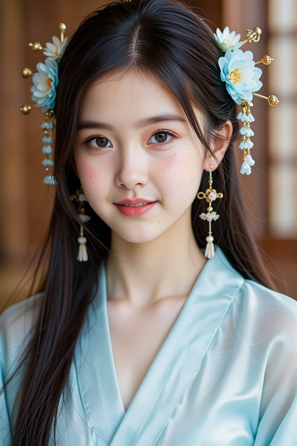 The image depicts a close-up photograph of an Asian woman with long,  straight black hair. She has fair skin and delicate...
