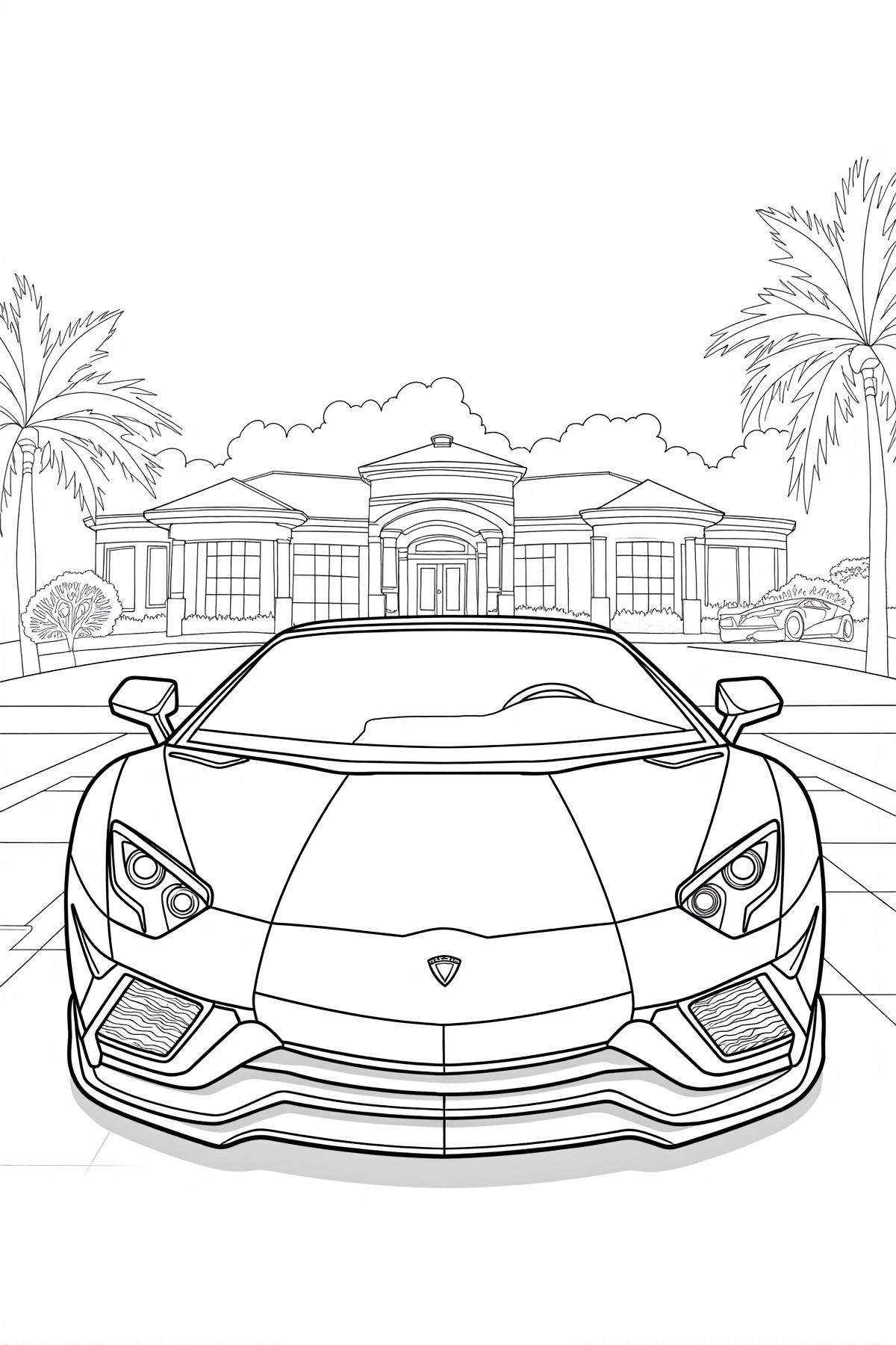 Black and white coloring illustration of a supercar parked dramatically in front of a luxury villa or mansion,  rich detai...