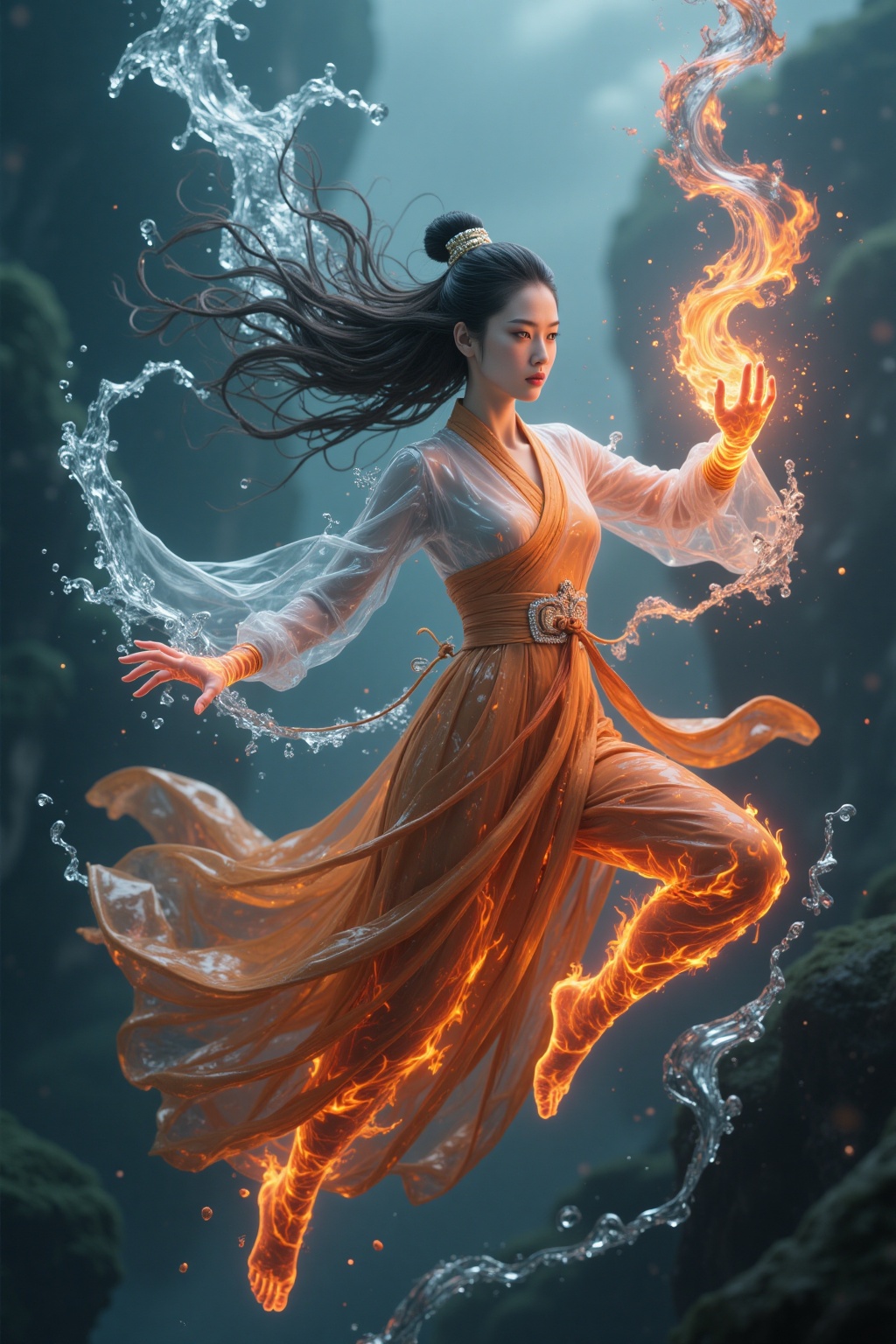 This is a surreal photograph of a woman suspended underwater,wearing Hanfu. She is surrounded by water currents and splashes,with a solemn expression and wide-open eyes. Water elements flow through her body,she is in a fighting stance,her right hand holding a large fireball. Her clothes and hair are **** up of water elements.,