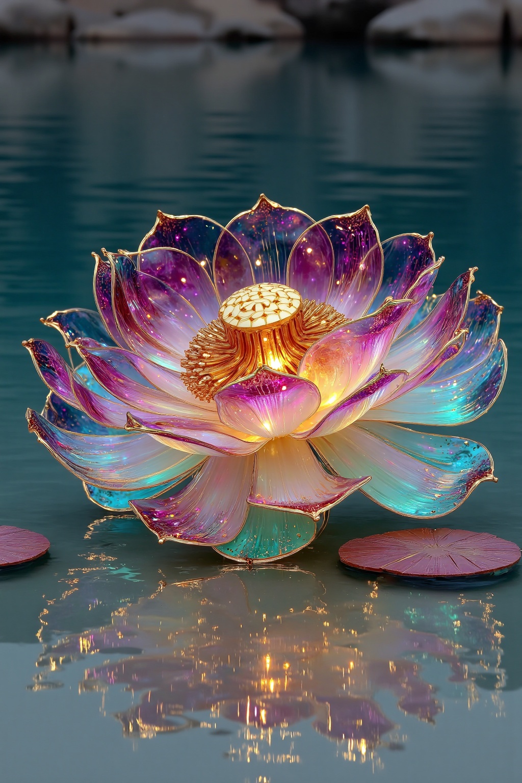 beijihui,a close-up eye-level shot captures a vibrant pink lotus floating on a body of water. The petals of the lotus are a mix of purple,pink,and yellow,and the center of the flower is adorned with a cluster of dots. The flower's petals are reflected in the water,adding a touch of depth to the image. The background is blurred,allowing the flower to be the focal point of the shot.,