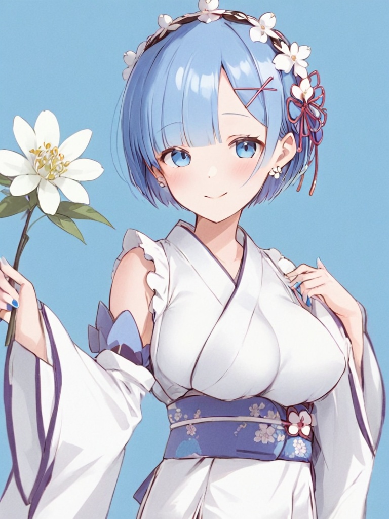 <lora:rem:1>,1girl,solo,rem_\(re:zero\),blue_hair,blue_eyes,japanese_clothes,short_hair,hair_ornament,kimono,blue_nails,jewelry,earrings,bangs,looking_at_viewer,flower,x_hair_ornament,detached_sleeves,wide_sleeves,smile,obi,sash,white_kimono,breasts,hairband,nail_polish,closed_mouth,alternate_costume,white_flower,long_sleeves,blue_background,