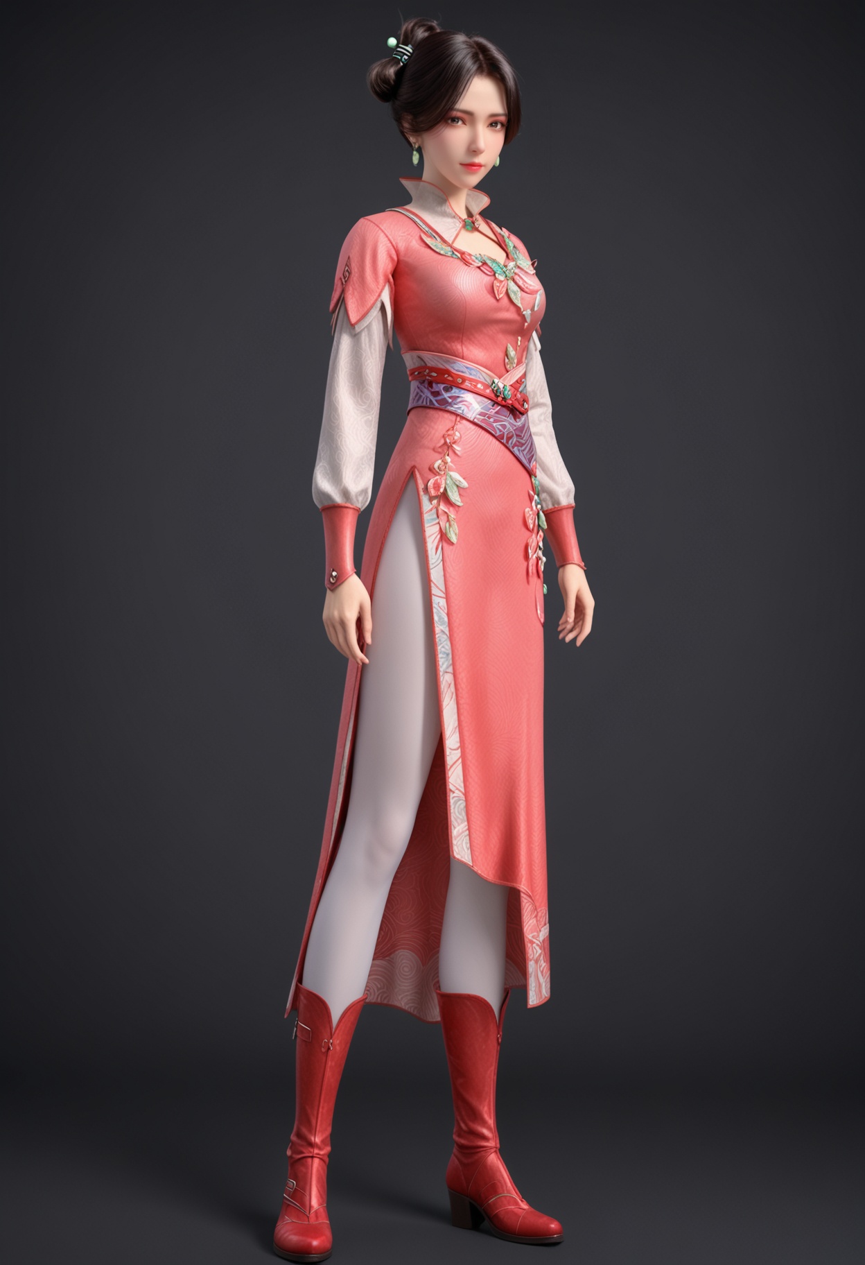 (full_body:1.1),(looking at viewer:1.1),facing viewer,direct gaze,<lora:YQ_pony_jimohuaxue_V5:0.8>,1girl,q1528437228,solo,black hair,jewelry,pink dress,earrings,short hair,hair bun,hair ornament,brown eyes,brown hair,long sleeves,chinese clothes,single hair bun,high collar,boots,red footwear,black eyes,sash,side slit,necklace,pantyhose,BREAK simple background,pure black background,black background,perfect anatomy,