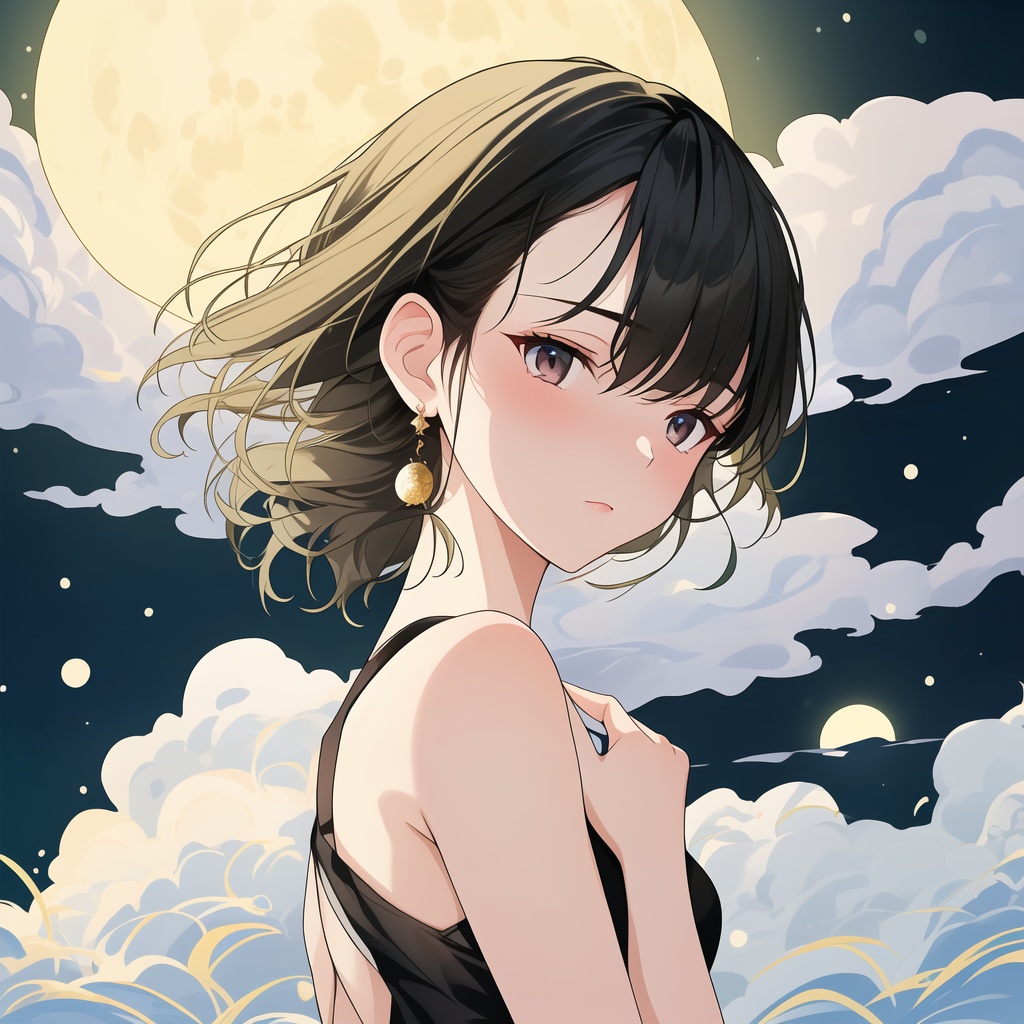 wallpaper,32K,1girl,close eyes,side view,As the moon rises, its soft light casts a silvery sheen over the girl's skin. She feels the cool touch of the night air on her bare arms, and a shiver runs through her body.(masterpiece, top quality, best quality, official art, beautiful and aesthetic:1.2),