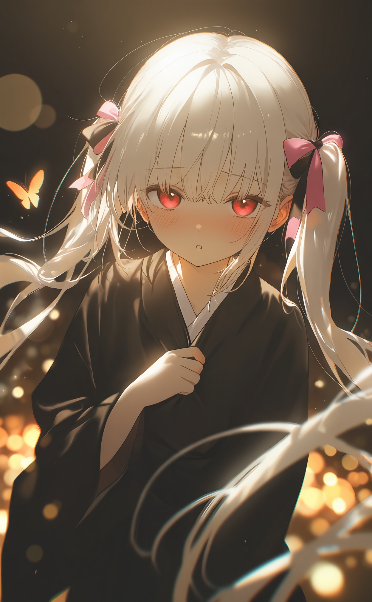 masterpiece,absurdres,best quality,high quality,chromatic_aberration,Night,darkness,black theme,shy,embarrass,endured_face,nsfw,//,artist:konya_karasue,//,loli,konya,1girl,solo,long hair,looking at viewer,blush,bangs,red eyes,long sleeves,bow,twintails,very long hair,upper body,white hair,hair bow,parted lips,japanese clothes,kimono,blurry,:o,black dress,black bow,floating hair,depth of field,animal,bug,pink bow,butterfly,black kimono,//,//,highres,HDR,8K,high contrast,illustration,depth of field,(colorful),Tyndall effect,contrast,lens flare,