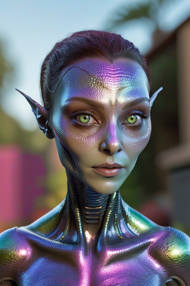 female alien,  multi colored metallic skin,  alien planter in the background on Tensor.Art