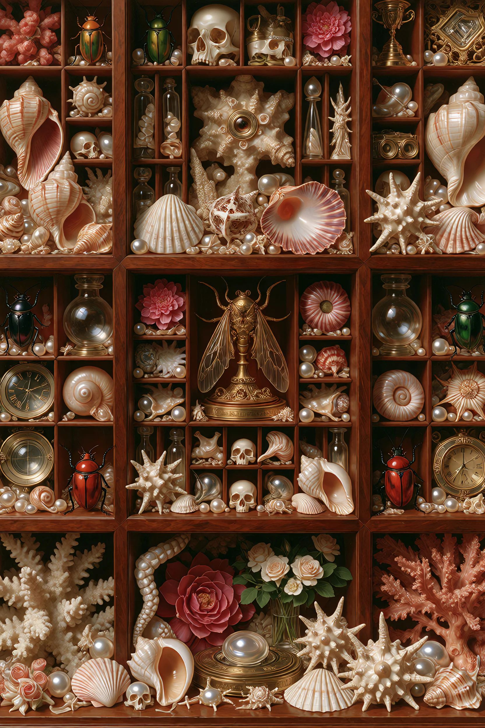 sacredmenag,  enormous cabinet of curiosities overflowing with seashells,  coral on Tensor.Art