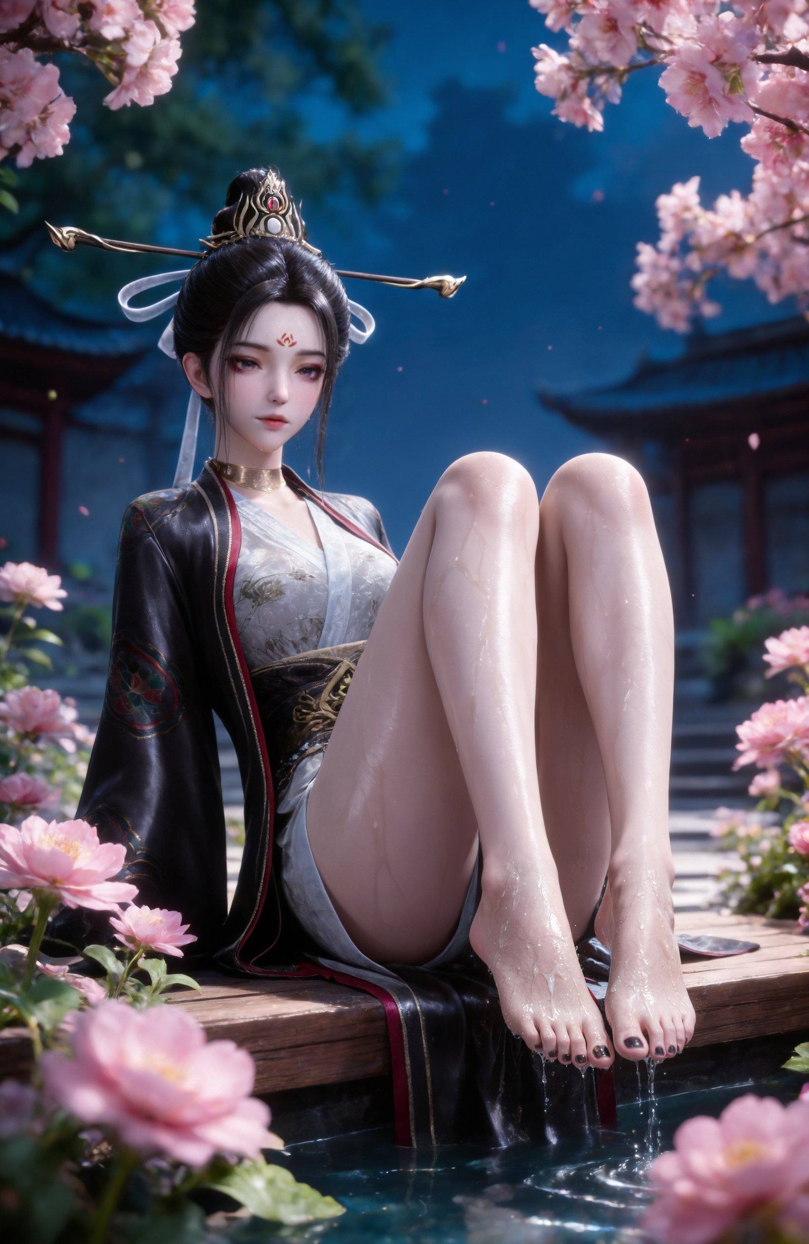 <lora:择天记-莫雨IL:0.8> 1girl, black hair, hair ornament, hair bun, forehead mark, hair stick, chinese clothes, long sleeves, sash, choker, dress, stairs,pink flower,bare legs,toes,black nail polish,smooth skin,barefoot,blurry,sitting,full body,feet focus,foot focus,legs up,Wet feet,