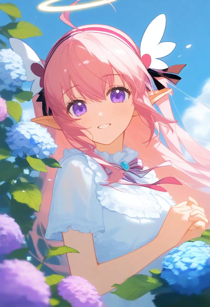tiezhihua,Illustration,an angel girl with pink long hair and slightly curly hair. A white cat,on a clear day,surrounded by large flowers,hydrangeas,roses,lilies,and lavender in the blue sky and white clouds. The entire painting is dominated by pink and purple. The flowers around her are like magic,shining brightly,full of vitality,beautiful and romantic,atmospheric illustrations,upper body,<lora:kocil_cyan-000010:0.8>