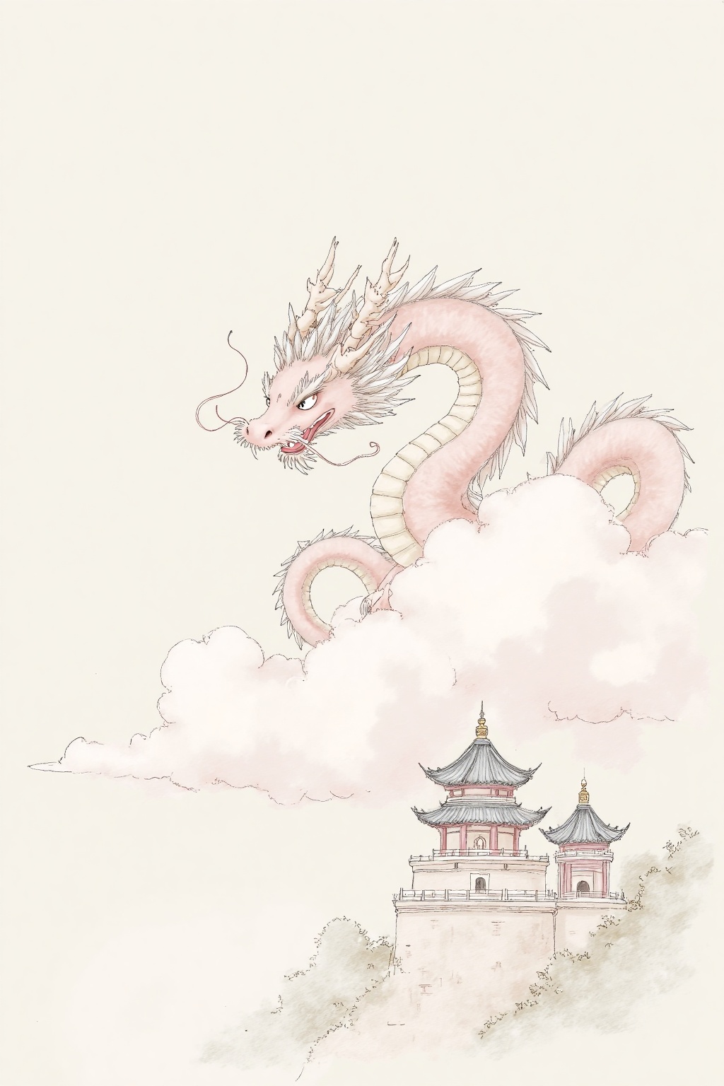 beijihui,A medium-sized drawing of a chinese dragon is depicted on a light-colored background. The dragon's head is facing towards the left side of the image, with its mouth slightly open. Its tail is curled up, adding a touch of texture to the drawing. The chinese temple is in the foreground, with two pagoda-like structures on the right side. The sky is filled with fluffy white clouds, and the sun is shining on the top of the pagoda.