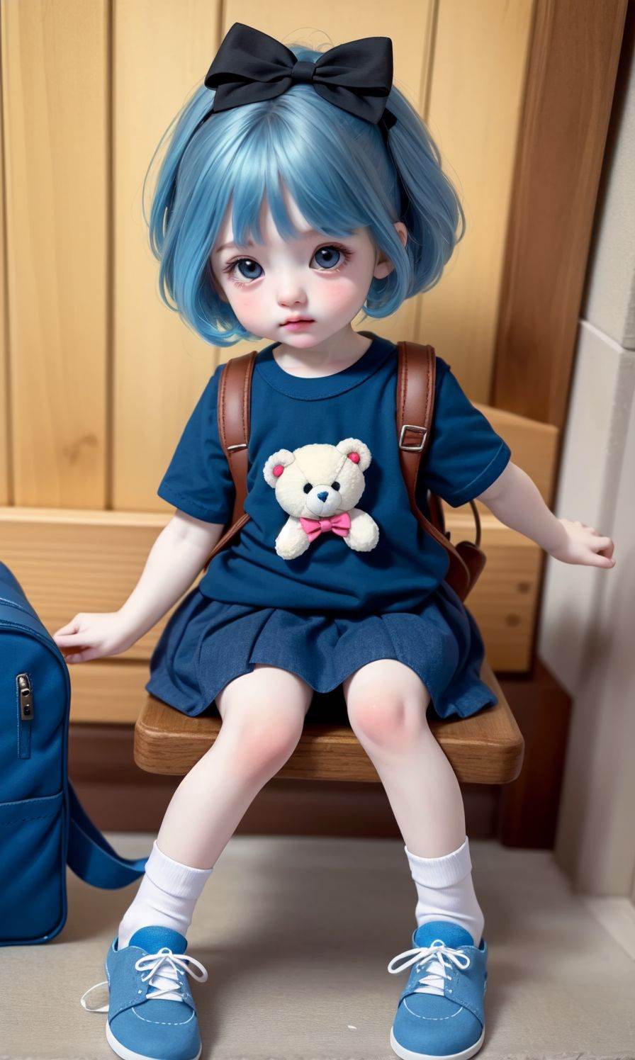 (Masterpiece:1.2), (best quality:1.2), (ultra high resolution:1.2), 1girl, bag, skirt, solo, sitting, blue hair, shirt, stuffed toy, bow, socks, looking at viewer, hair bow, stuffed animal, shoes, backpack, female child, short sleeves, short hair, blue bow, blue shirt, <lora:doll:0.5>