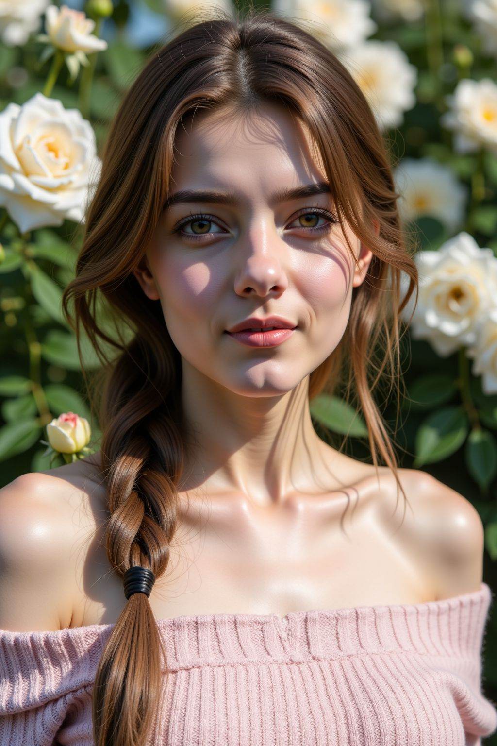 A photograph of a young woman with fair skin and light brown hair styled in a single braid over her right shoulder. She wears a light pink, off-the-shoulder knit sweater. The background features a lush garden with white roses in full bloom, casting soft shadows. The lighting is natural, highlighting her serene expression and delicate features. The setting suggests a peaceful, sunny day.