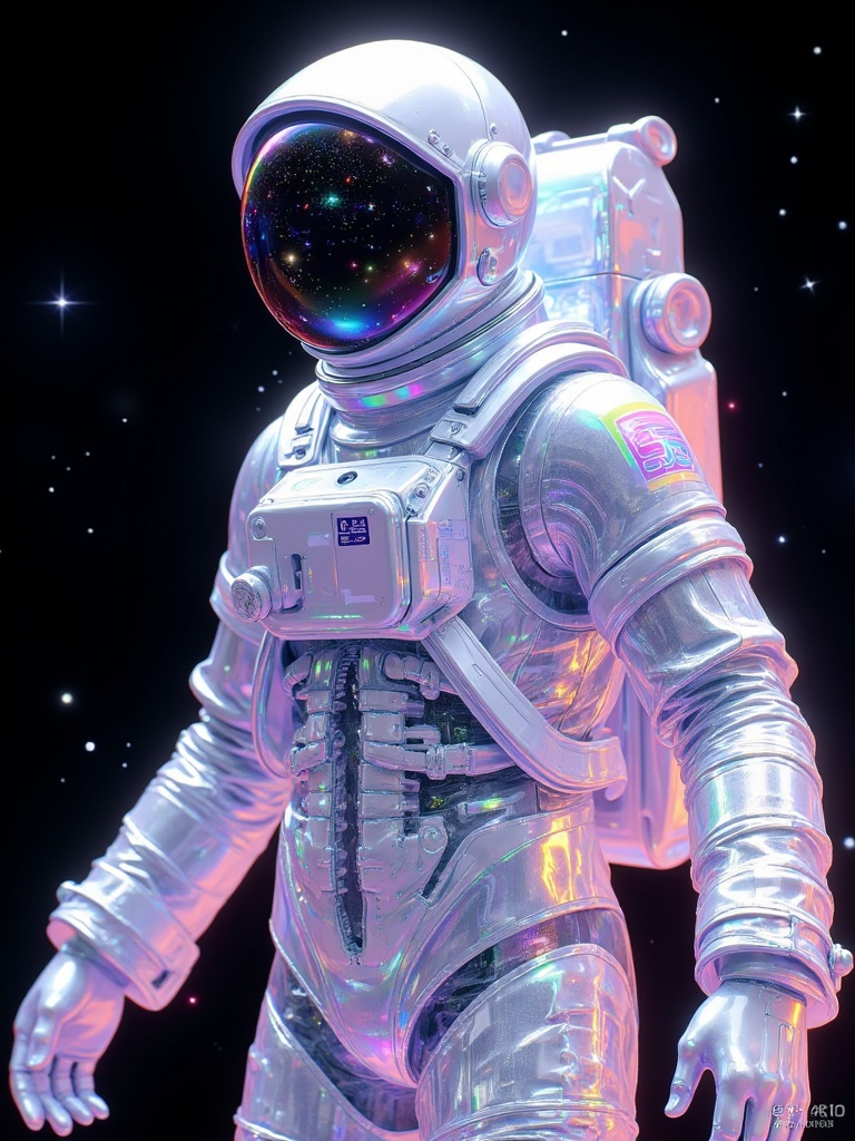 A 3D holographic astronaut in detailed spacesuit,  helmet visor reflecting cosmic scene,  body semi-transparent revealing...
