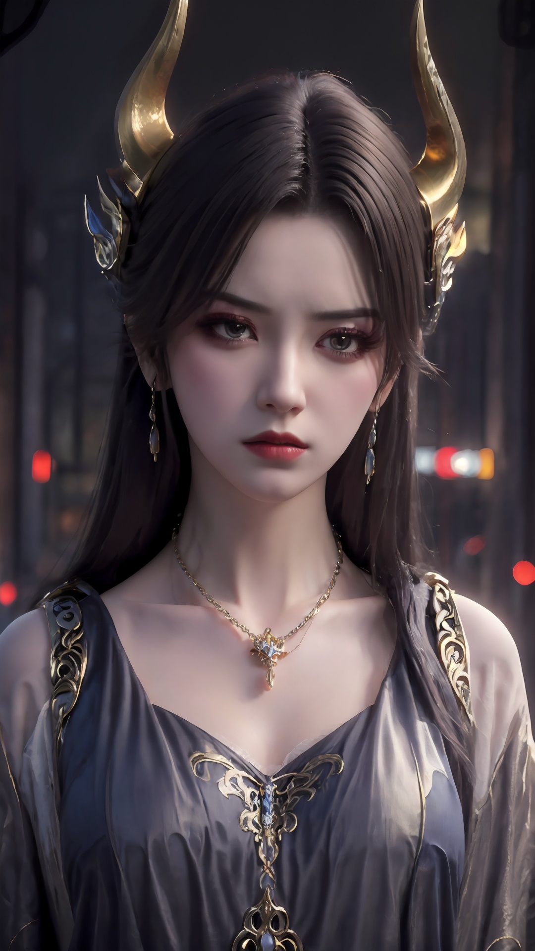 The image is a close-up portrait of a young woman with long dark hair and a fierce expression on her face. She is wearing a black and gold outfit with a blue necklace and earrings. Her hair is styled in a dramatic updo with two large,ornate horns on either side of her head. The horns are gold and appear to be made of metal. The background is blurred,but it appears to be a cityscape with buildings and lights. The overall mood of the image is dark and mysterious.,<lora:1.5曹颖(3):0.8>,