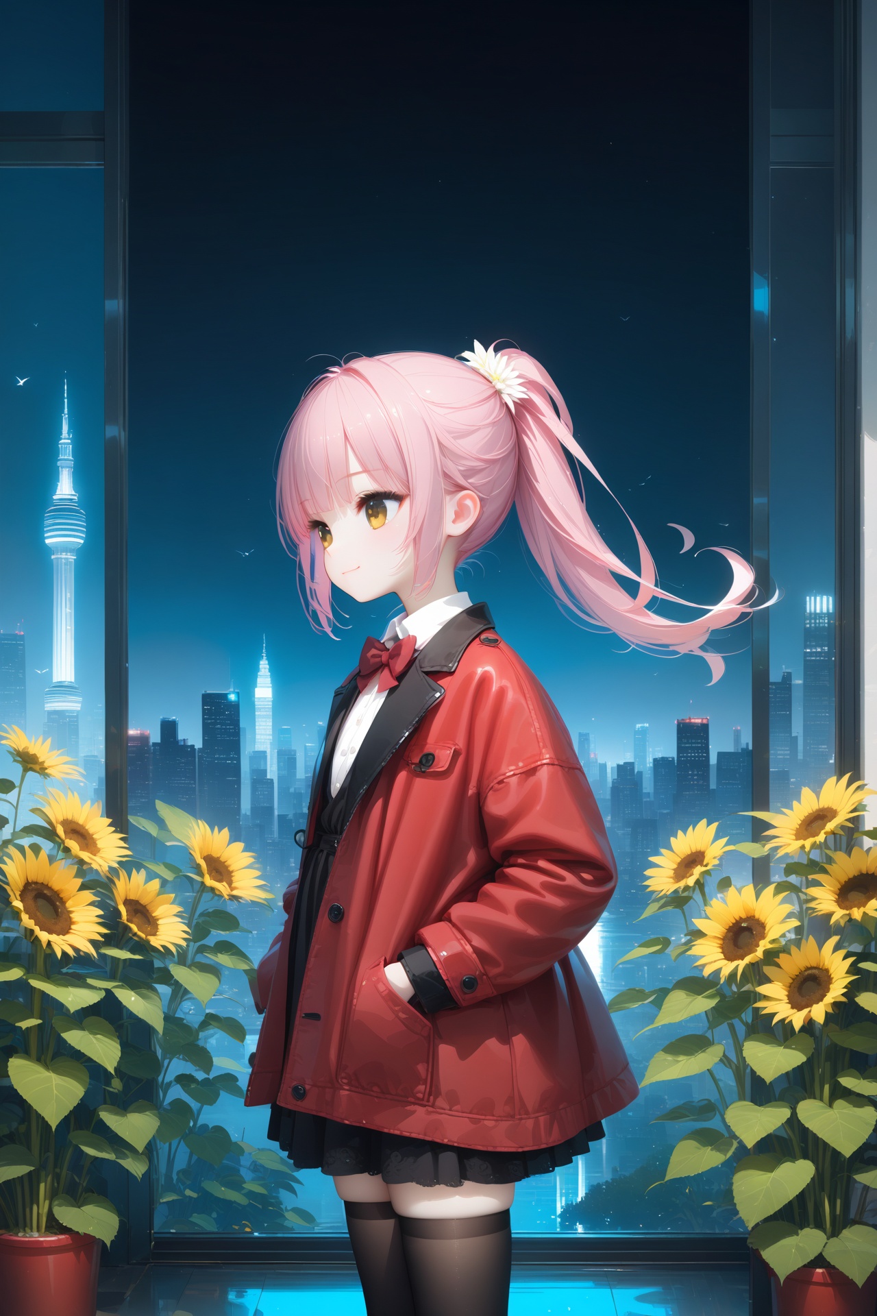 (masterpiece),(best quality),illustration,ultra detailed,hdr,Depth of field,(colorful),tianliang duohe fangdongye,chen bin,omone,((masterpiece, best quality)),beautifuldetailedlighting,(best quality),((masterpiece)),(highres),standing,(full body),(black thighhighs),original,extremely detailed wallpaper,(an extremely delicate and beautiful),(loli:1.2),(petite:1.2),Pink hair,Yellow eyes,(red Jacket),high ponytail,white collared shirt,hair flower,fipped hair,floating hair,Frown,hands in pockets,black dress,red bowtie,(solo),sky,skyline,skyscraper,smile,solo,sunflower,tower,upper_body,white flower,solo,