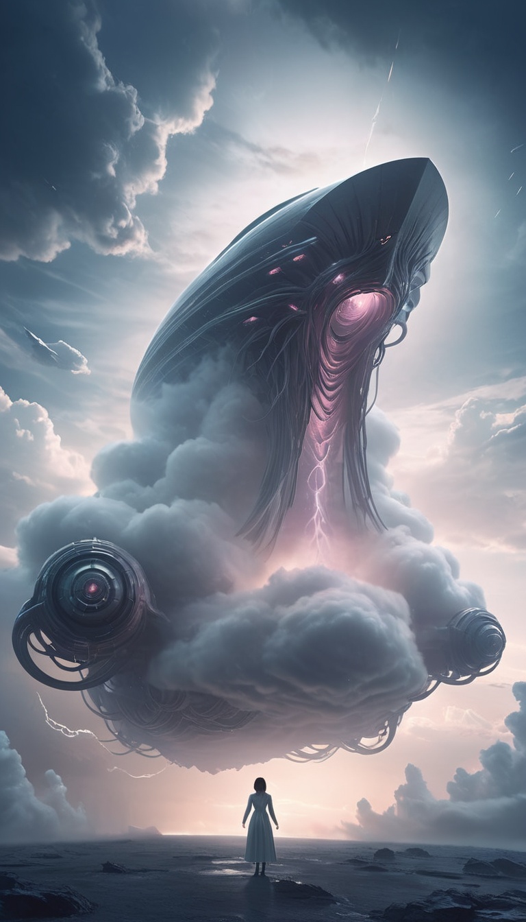 <lora:xl-shanbailing-1215白棱monster-000002:0.9>,bailing_monster,a huge monster is filled with clouds,scenery,a woman standing in the dark with her arms outstretched,a futuristic ship flying over the clouds,outdoors,