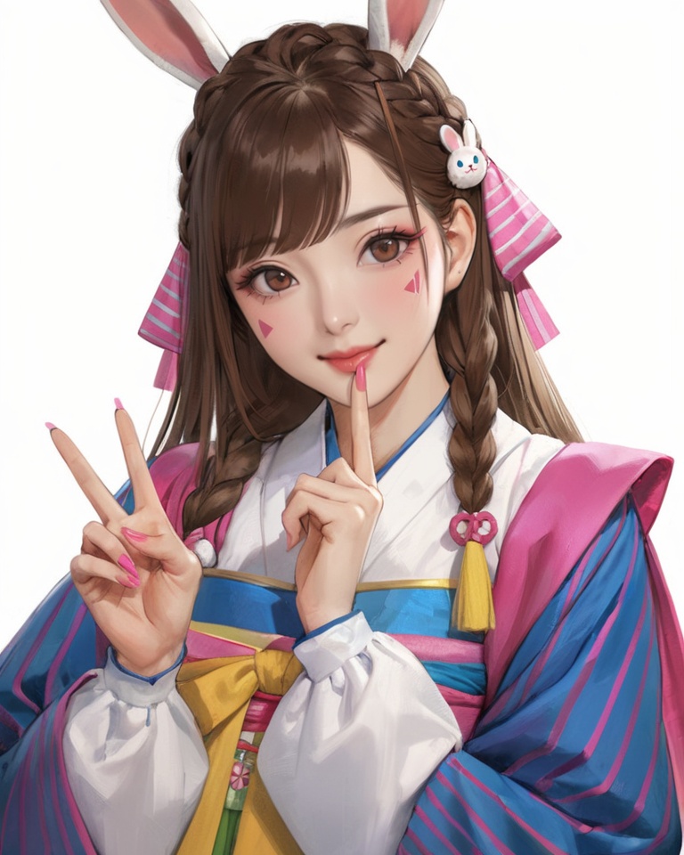 (best quality), ((masterpiece)), (highres), illustration, original, extremely detailed, <lora:ACG ART3_XL:0.7>1girl, solo, korean clothes, d.va \(overwatch\), hanbok, v, brown eyes, brown hair, braid, official alternate costume, hair ornament, long hair, whisker markings, facial mark, nail polish, striped sleeves, looking at viewer, smile, pink nails, upper body, white background, long sleeves, rabbit hair ornament, letterboxed, alternate hairstyle, bangs, traditional clothes, single braid, simple background, blush, swept bangs