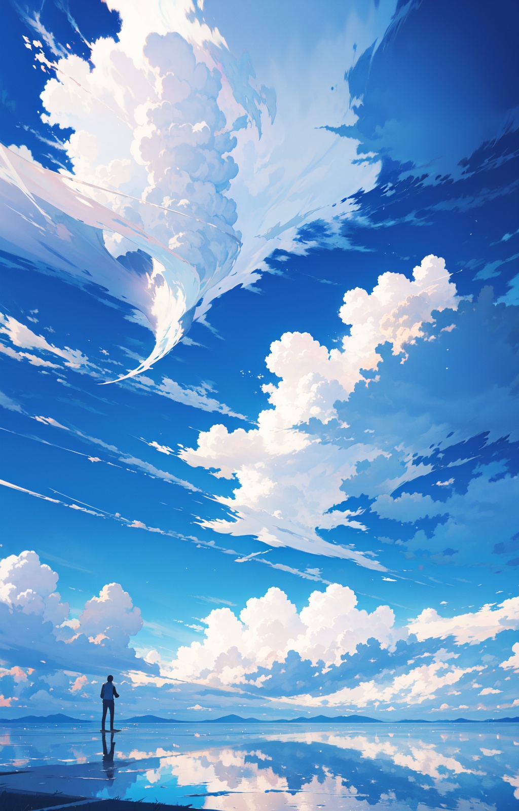 perfect lighting,dynamic shot,horizon,reflection,blue sky,cloud,